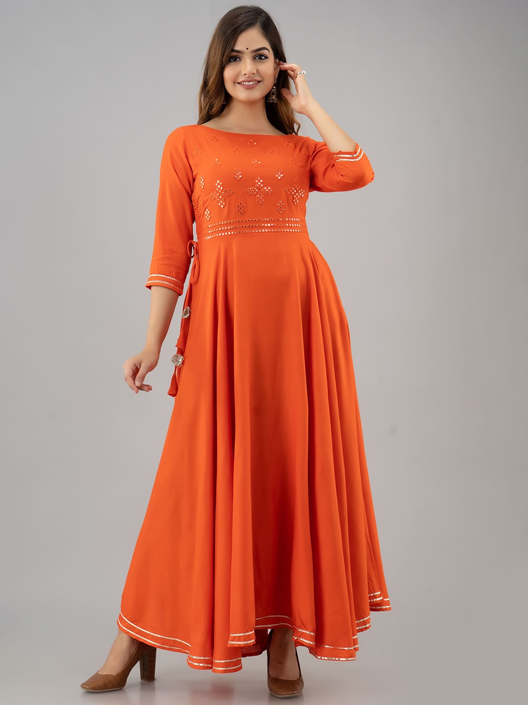 

KIMAYRA Women Orange Embroidered Cold-Shoulder Sleeves Mirror Work Anarkali Kurta