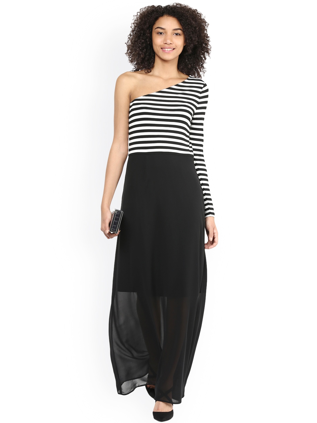 

Harpa Women Black & White Striped One-Shoulder Maxi Dress