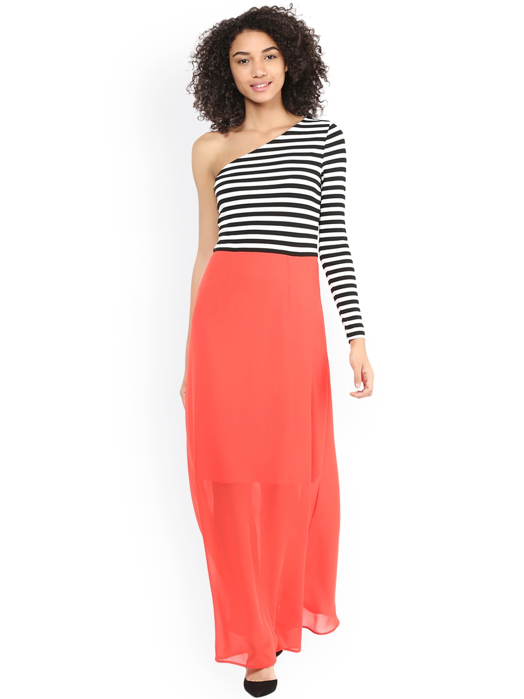 

Harpa Women Coral Orange & Black Striped One-Shoulder Maxi Dress