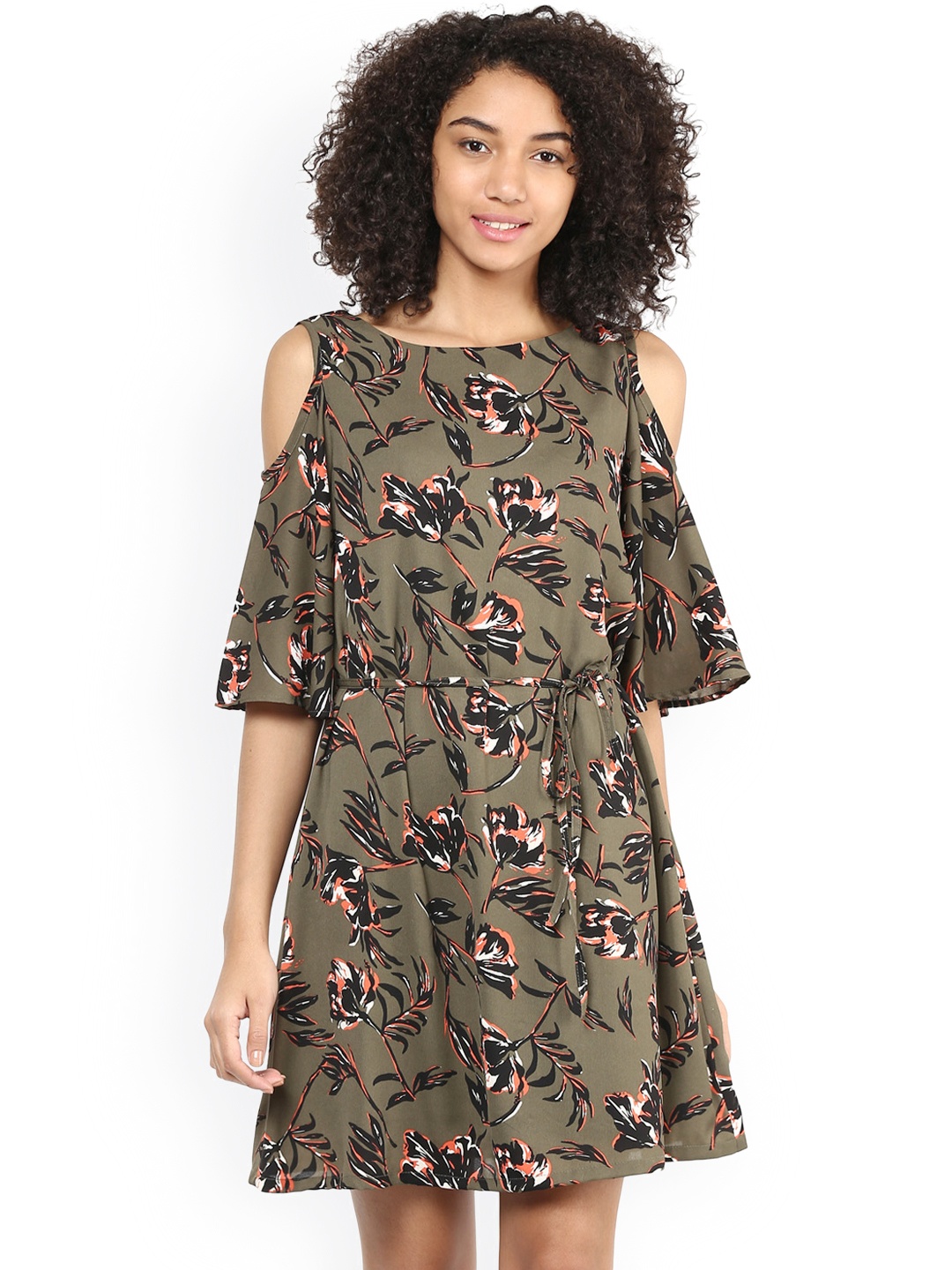 

Harpa Women Olive Green Printed Cold Shoudler Fit & Flare Dress