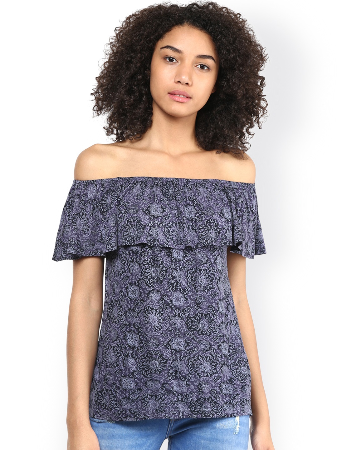 

Harpa Women Blue Printed Bardot Top