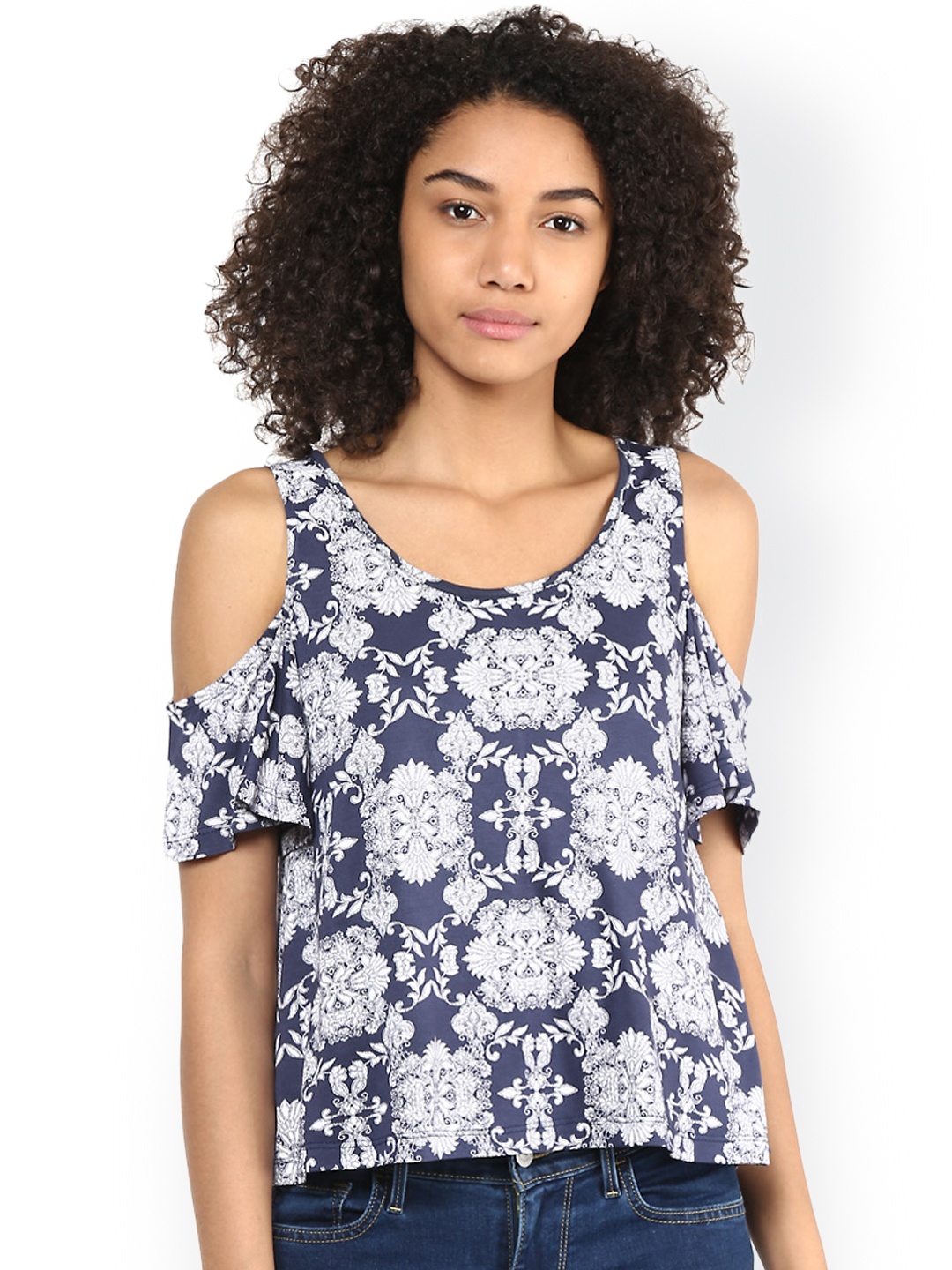 

Harpa Women Navy & Off-White Floral Print Cold Shoulder Top, Navy blue