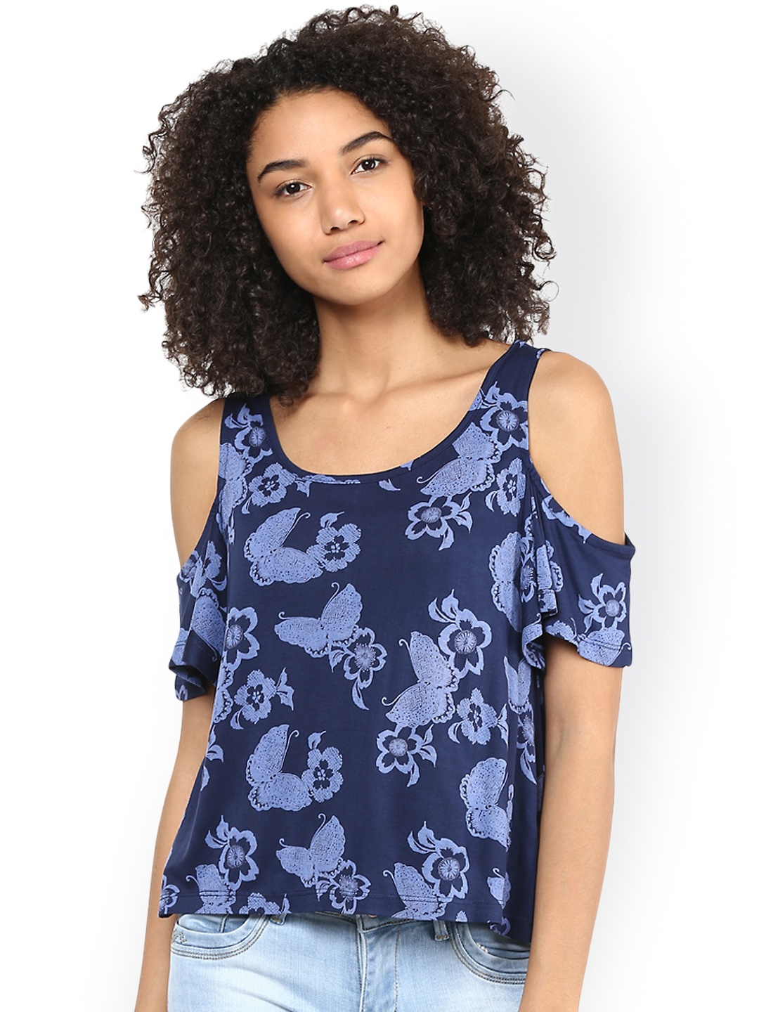 

Harpa Women Blue Tropical Print Cold Shoulder Top