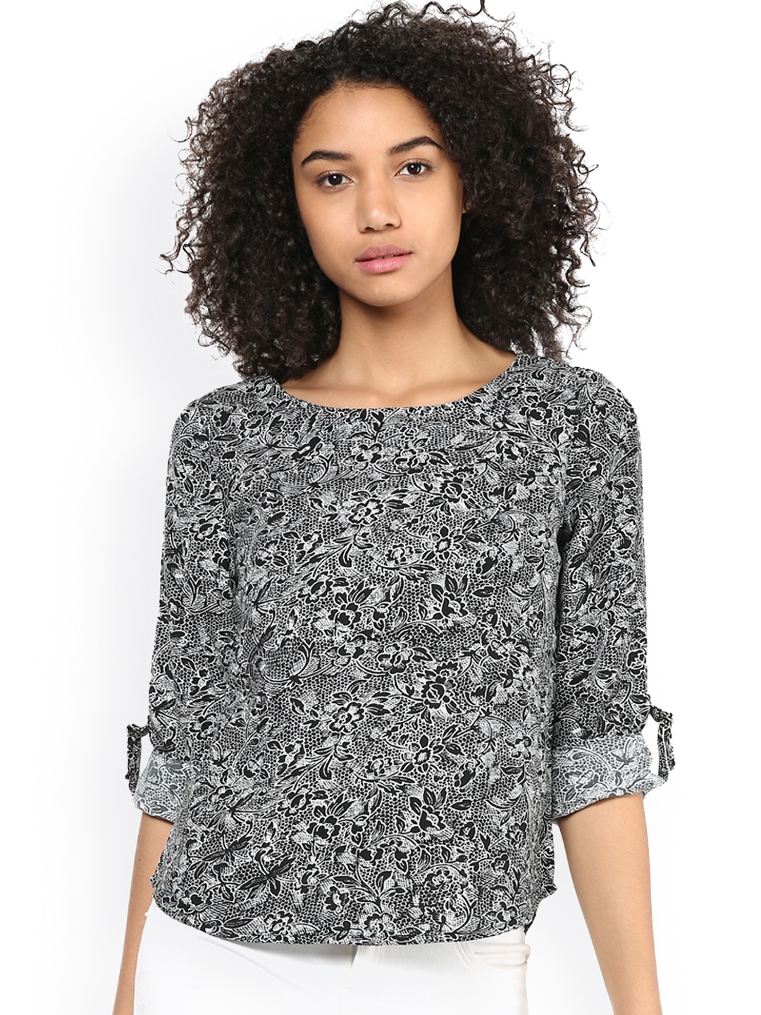

Harpa Women Grey Crepe Floral Print Top