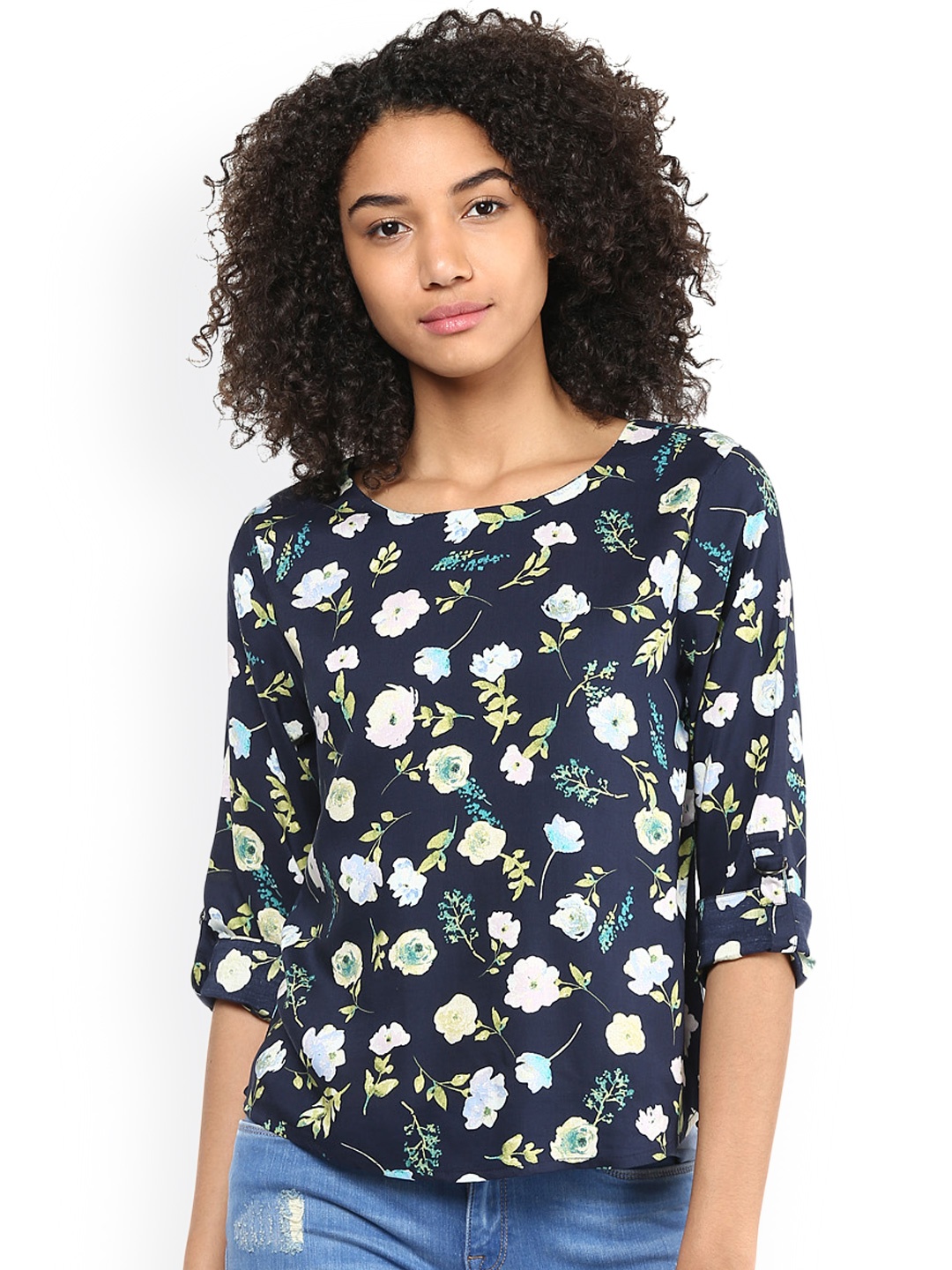 

Harpa Women Navy Floral Print Top, Navy blue