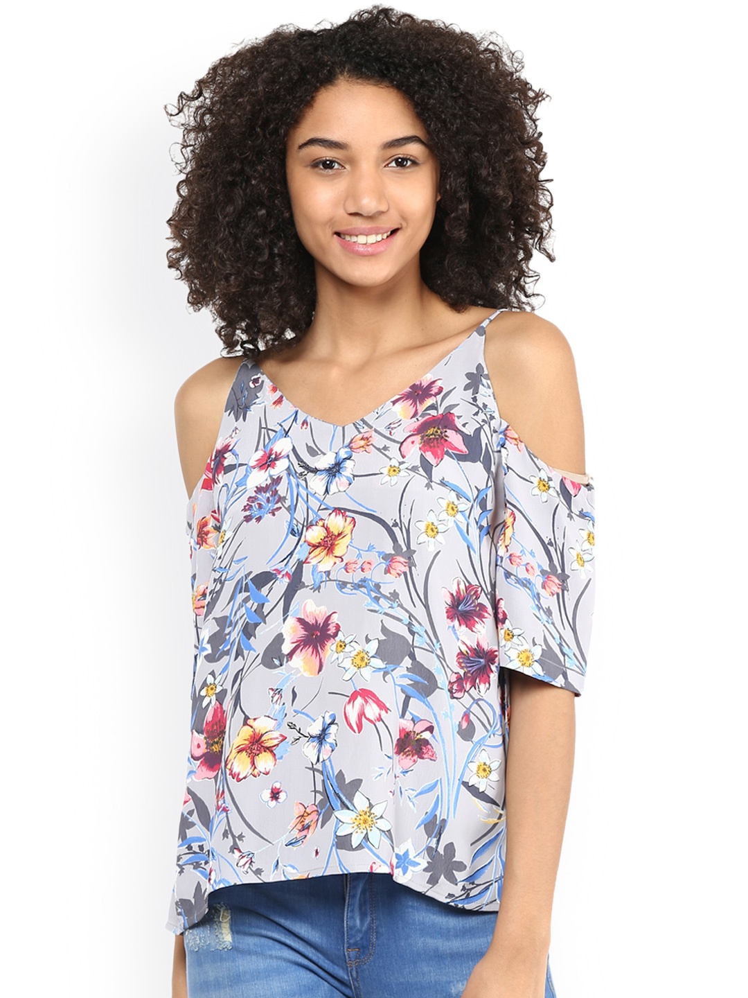 

Harpa Women Grey Crepe Printed Cold Shoulder Top
