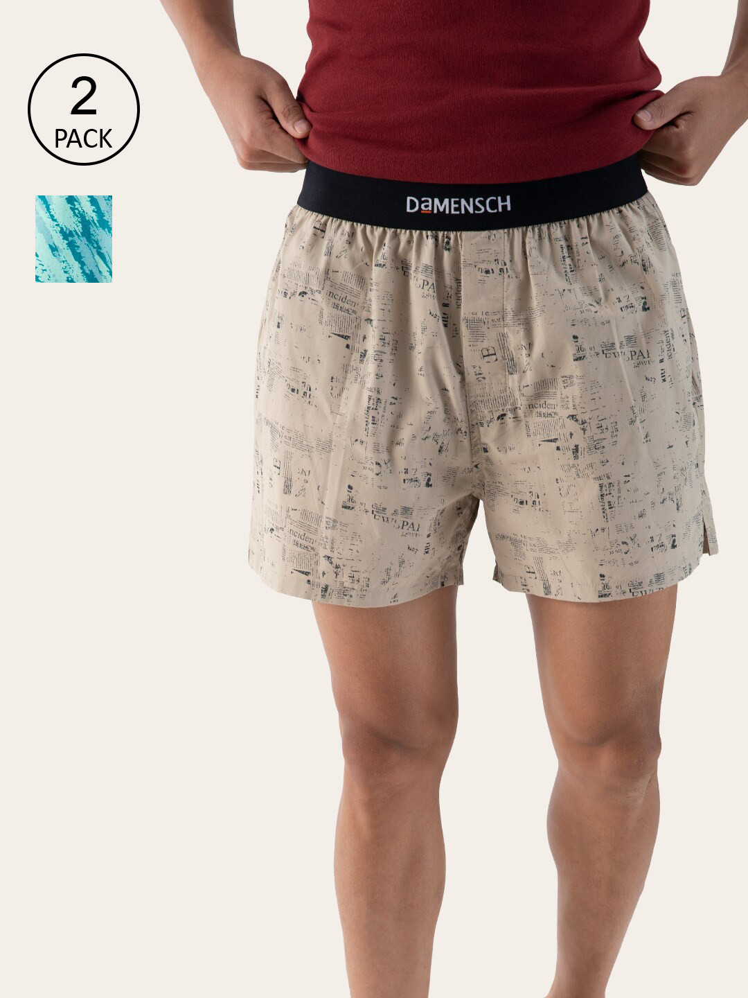 

DaMENSCH Men Pack of 2 Printed Ultra-Light Cotton Regular Fit Inner Boxers, Beige