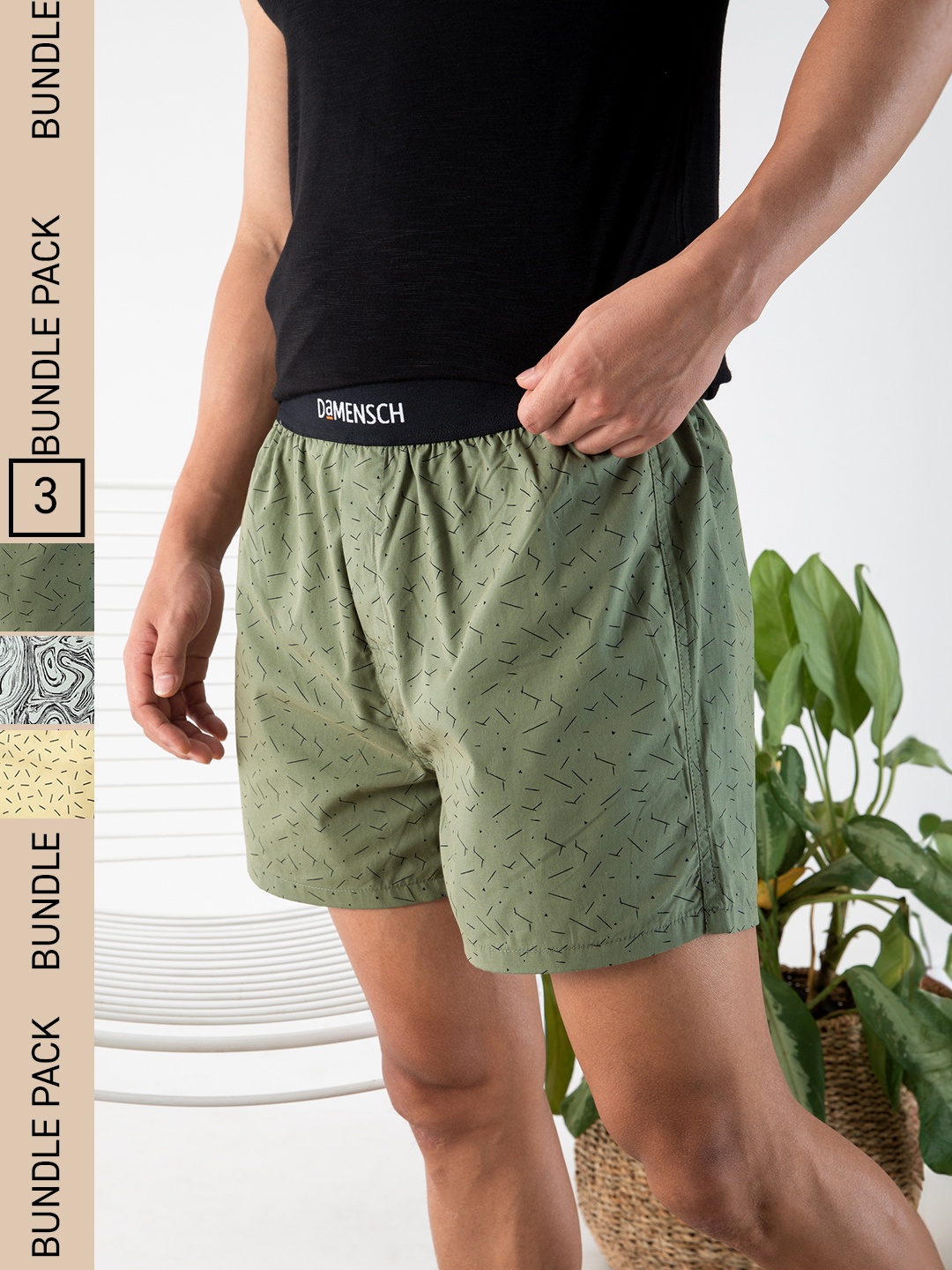 

DAMENSCH Men Pack of 3 Blue & Green Cotton Boxers DAM-PRIN-SBX-PACK-3-DGN-MRG-