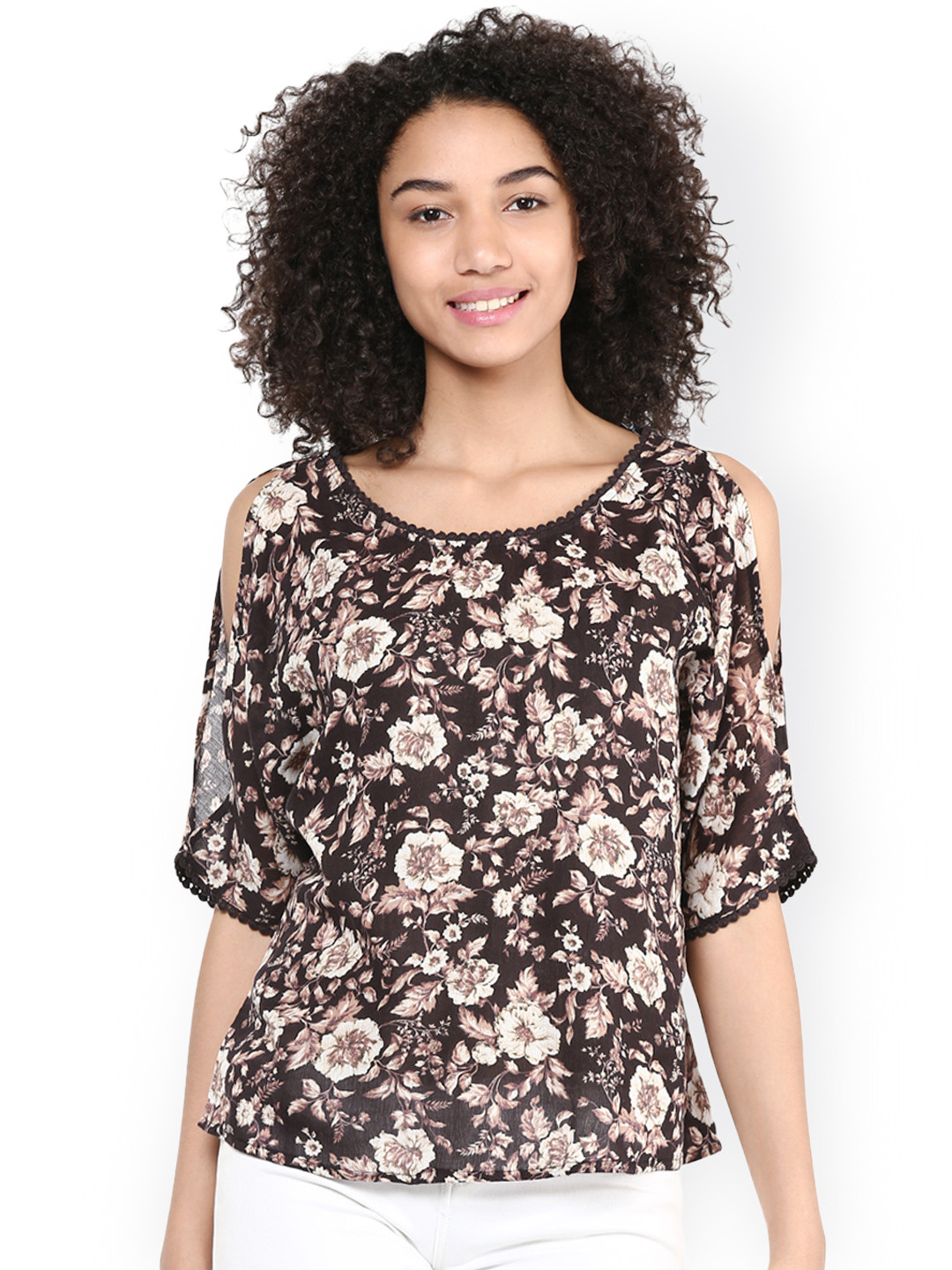 

Harpa Women Black & Off-White Floral Print Top