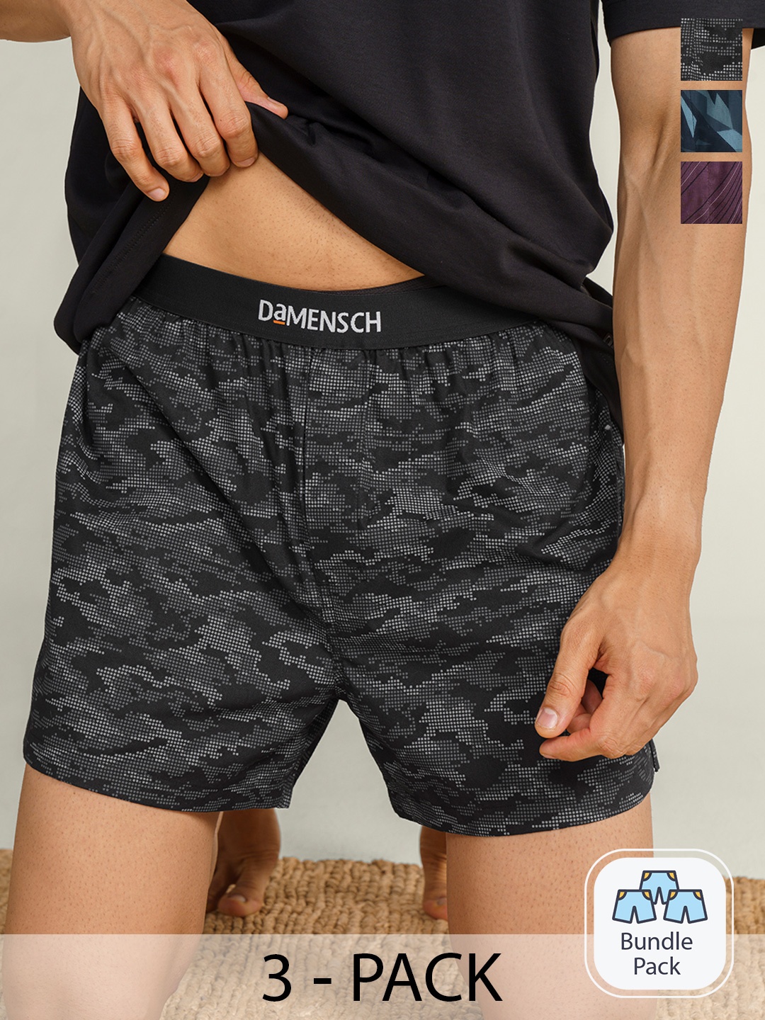 

DAMENSCH Men Pack of 3 Printed Ultra-Light Cotton Regular Fit Inner Boxer, Multi