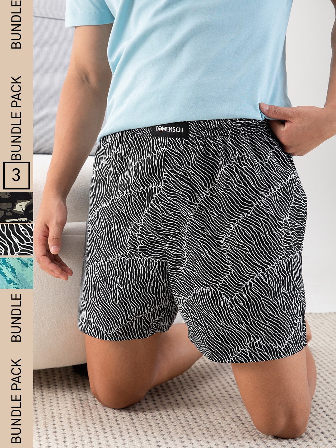 

DAMENSCH Men Breeze Pack of 3 Printed Ultra-Light Cotton Boxer Shorts DAM-PRIN-LBX, Black