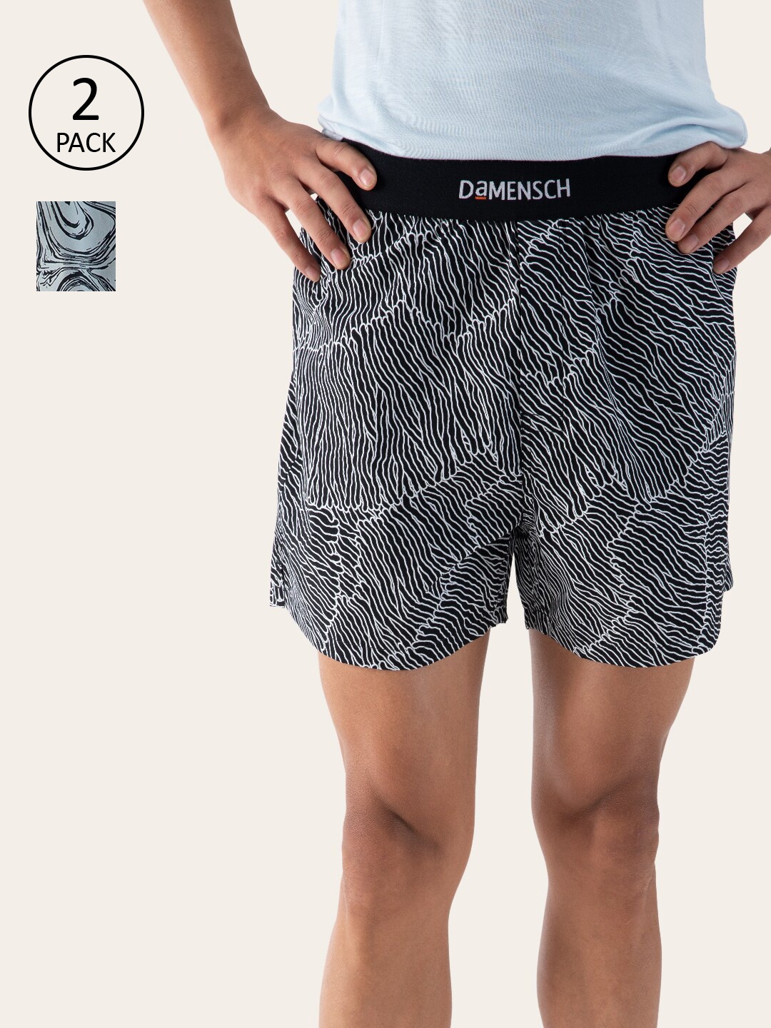 

DAMENSCH Men Pack of 2 Printed Ultra-Light Cotton Boxers- DAM-PRIN-SBX, Black