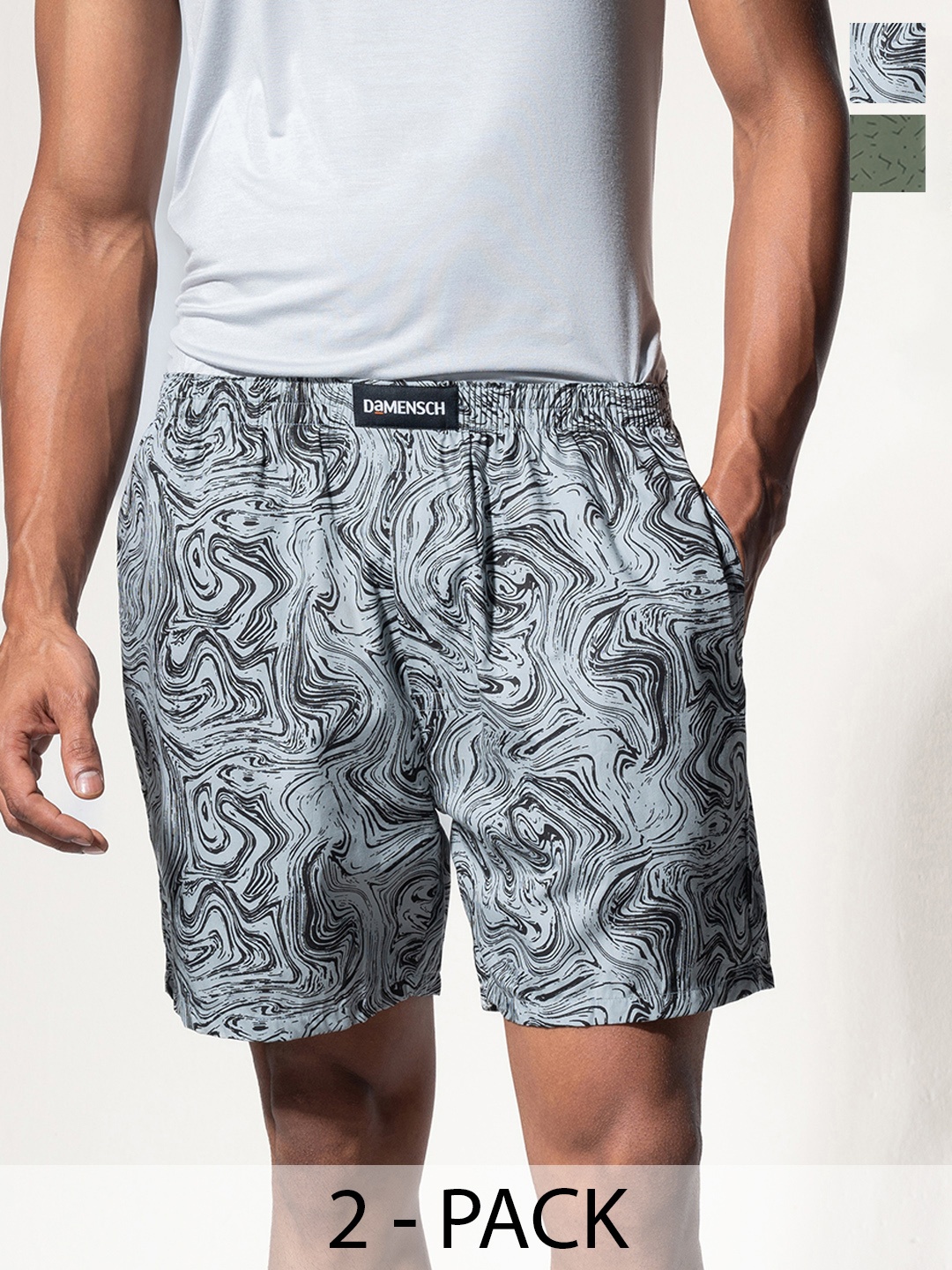 

DAMENSCH Men Pack of 2 Printed Ultra-Light Cotton Boxer Shorts- DAM-PRIN-LBX, Green