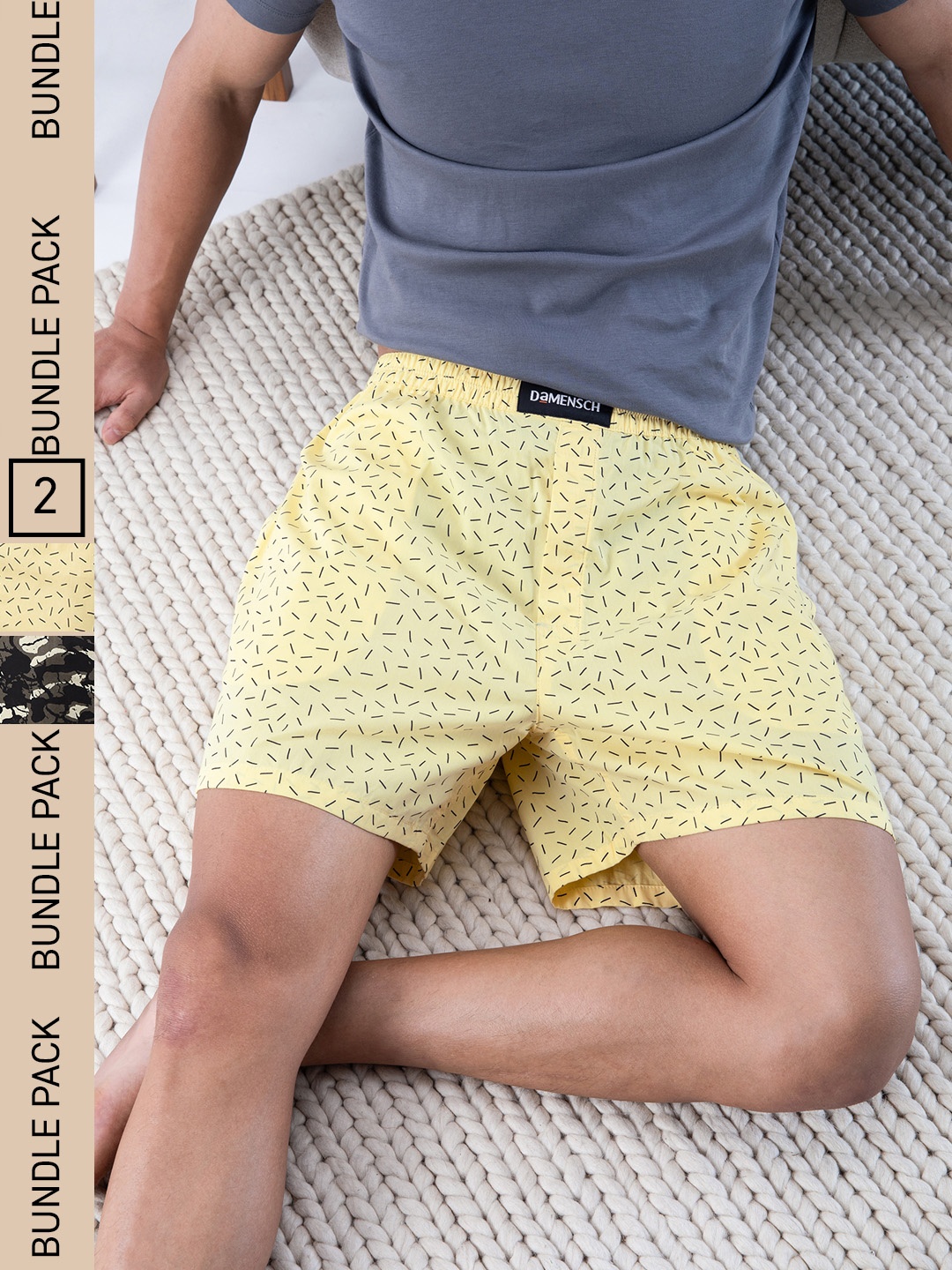 

DAMENSCH Men Breeze Pack of 2 Printed Ultra-Light Cotton Boxer Shorts DAM-PRIN-LBX, Black