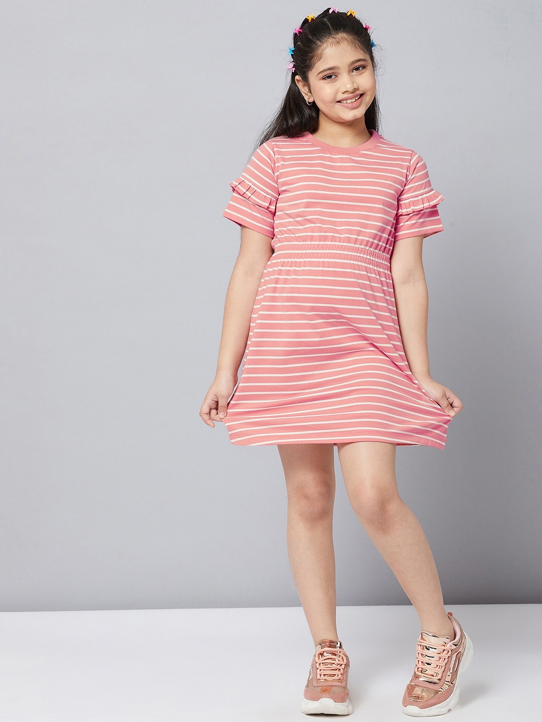 

Stylo Bug Girls Pink & White Cotton Striped A-Line Dress