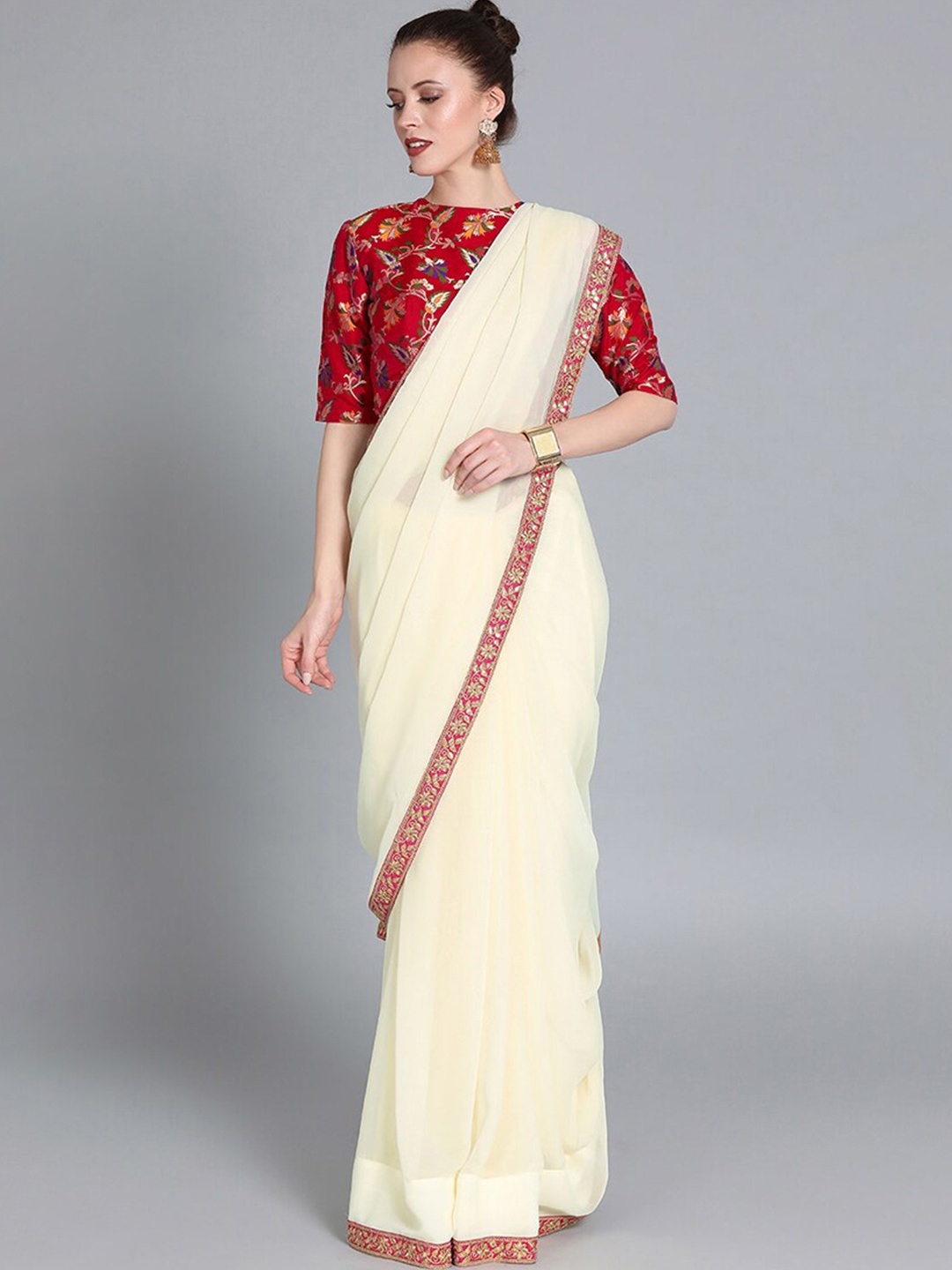 

Ethnovog Red Off White Saree