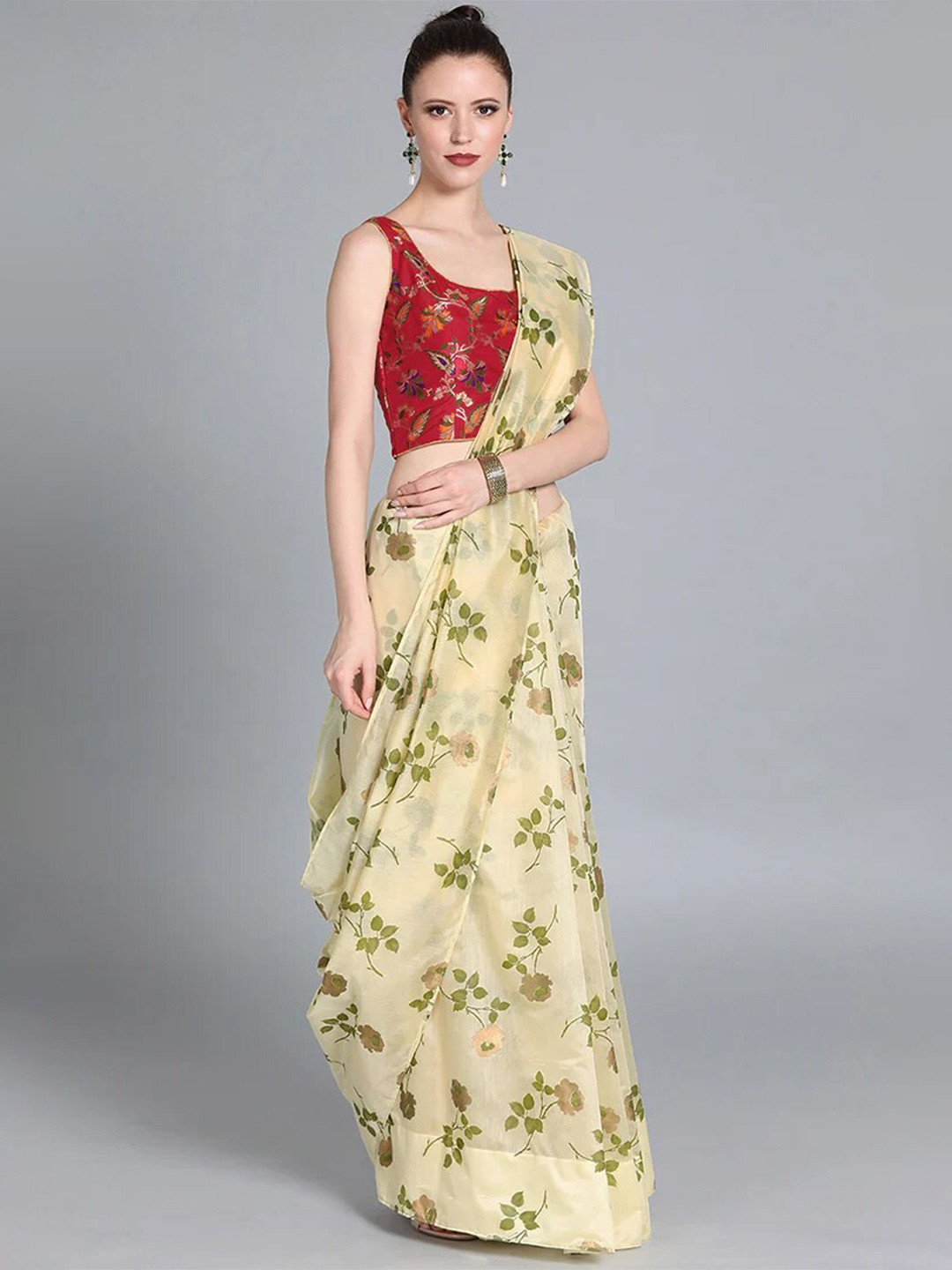 

Ethnovog Red Green Floral Saree