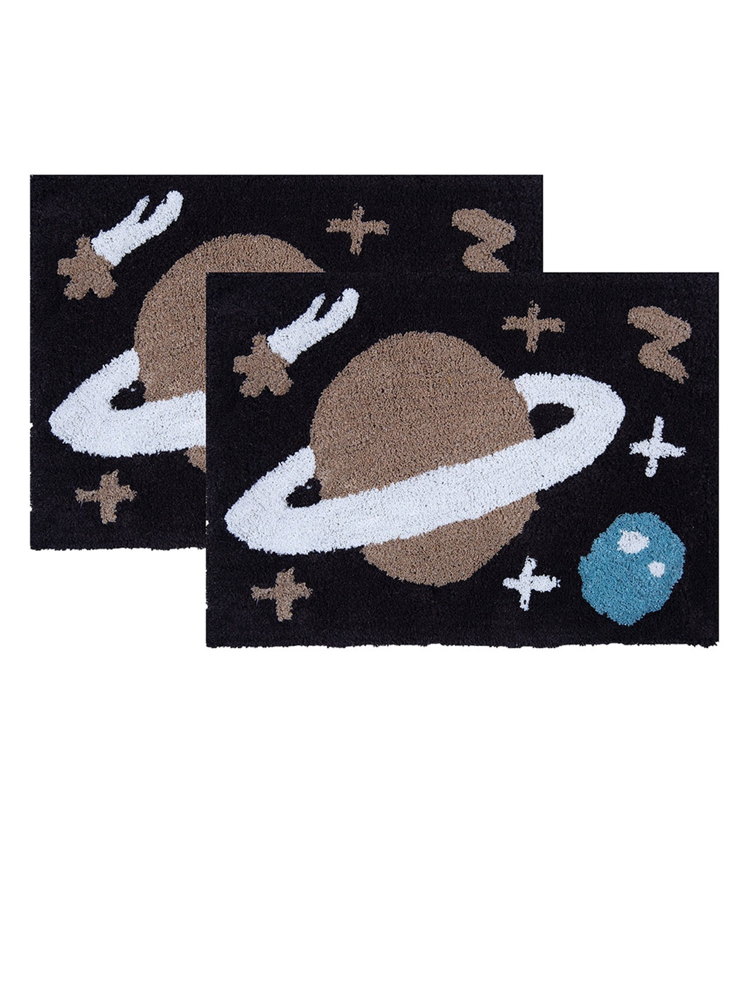

AAZEEM Set Of 2 Black Printed Anti-skid Rectangle Cotton Doormats, Multi