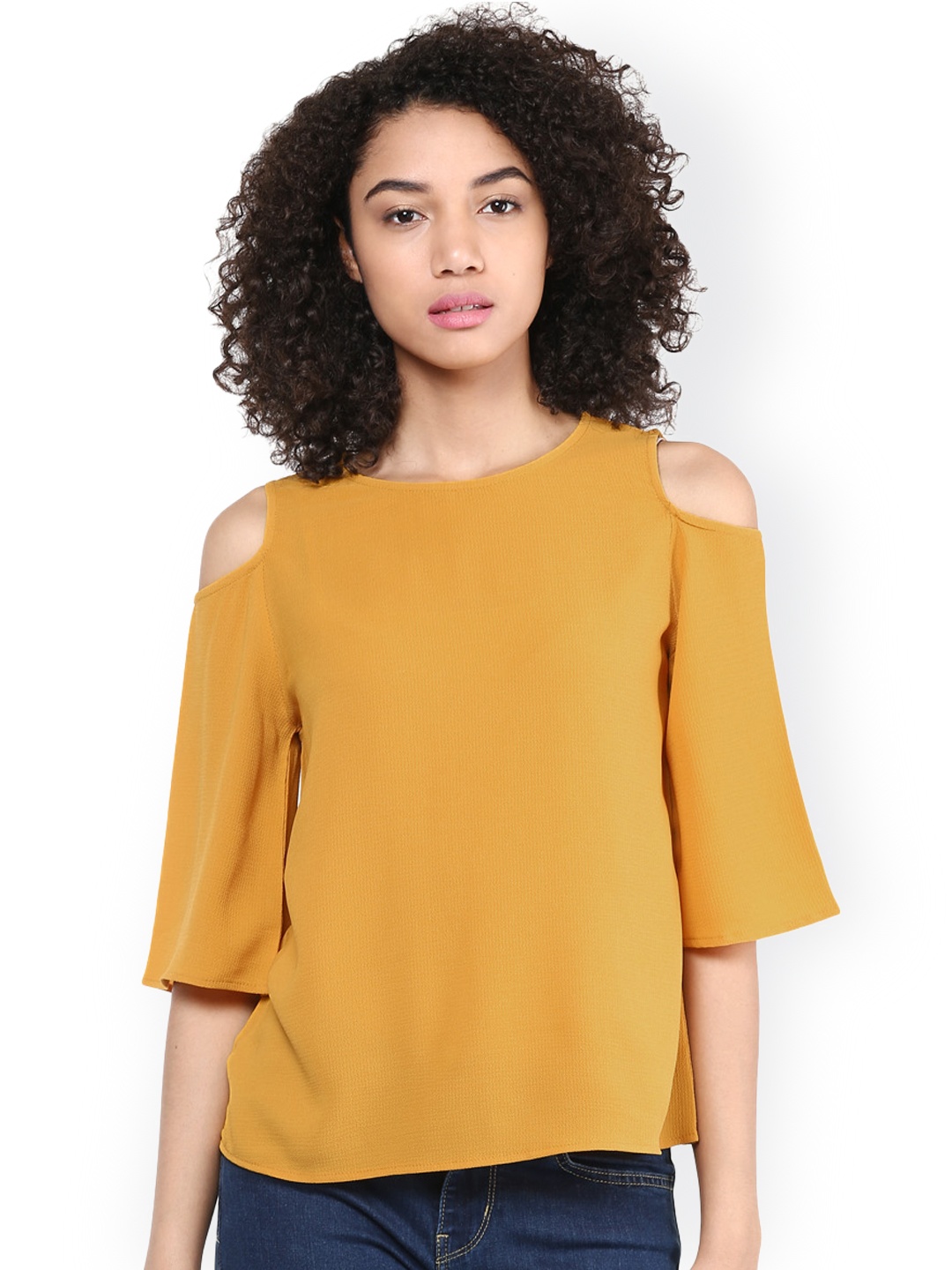 

Harpa Women Mustard Yellow Cold Shoulder Top