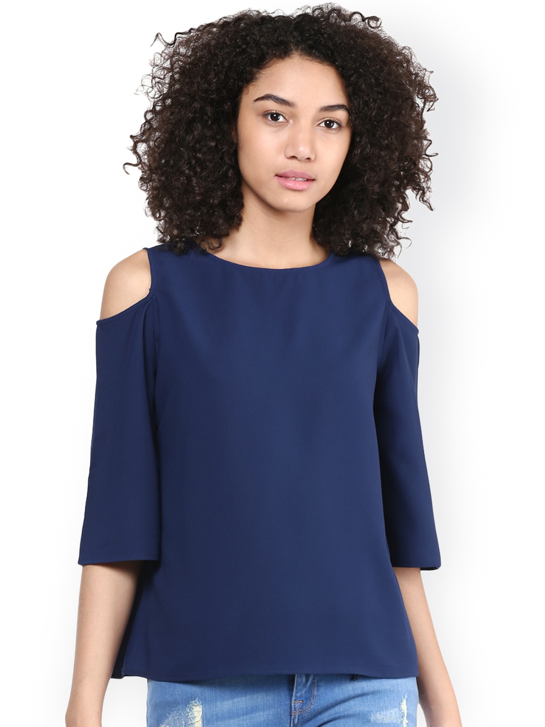 

Harpa Women Navy Cold Shoulder Top, Navy blue