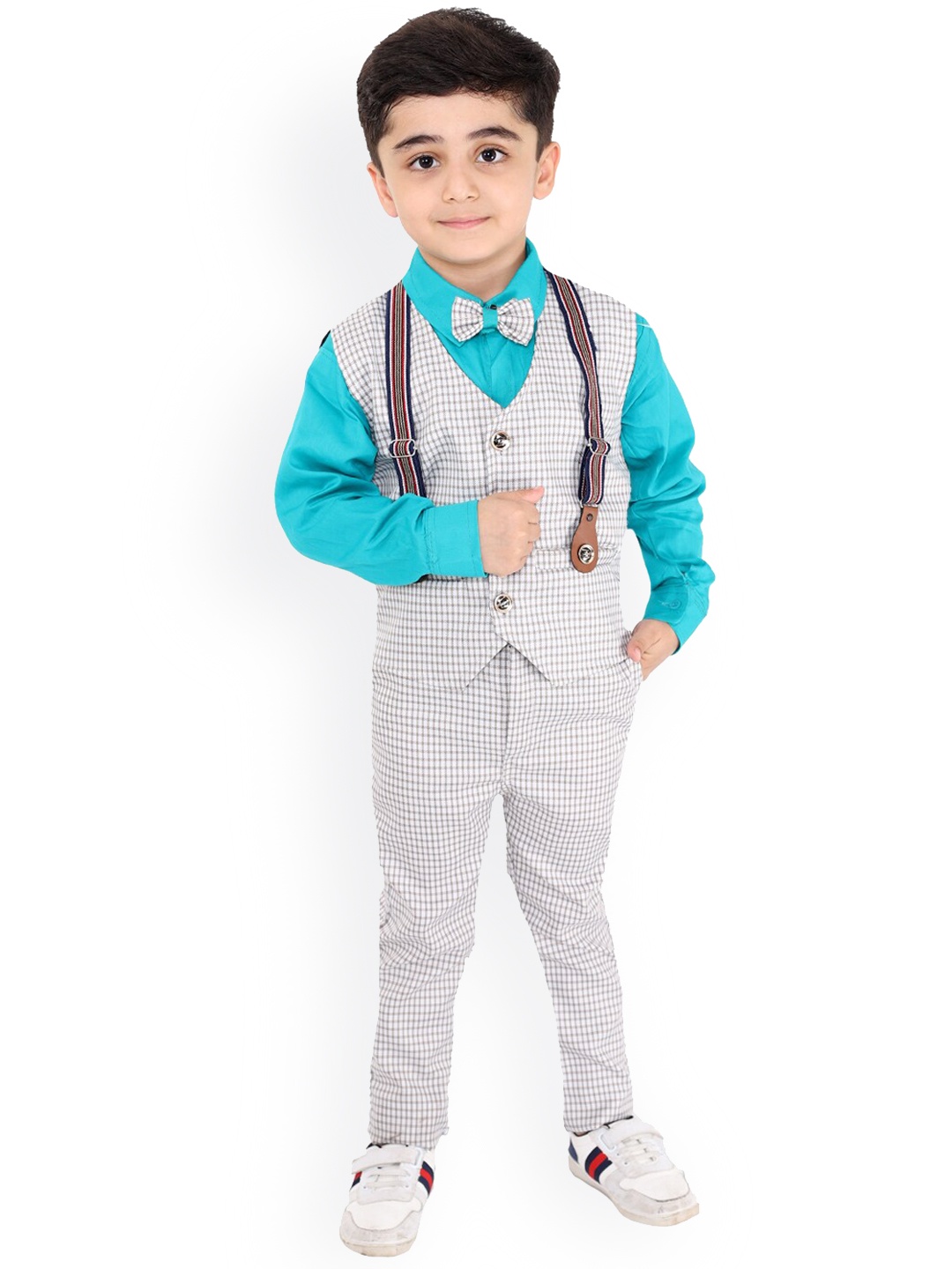

FOURFOLDS Boys Green & White Checked Shirt with Trousers