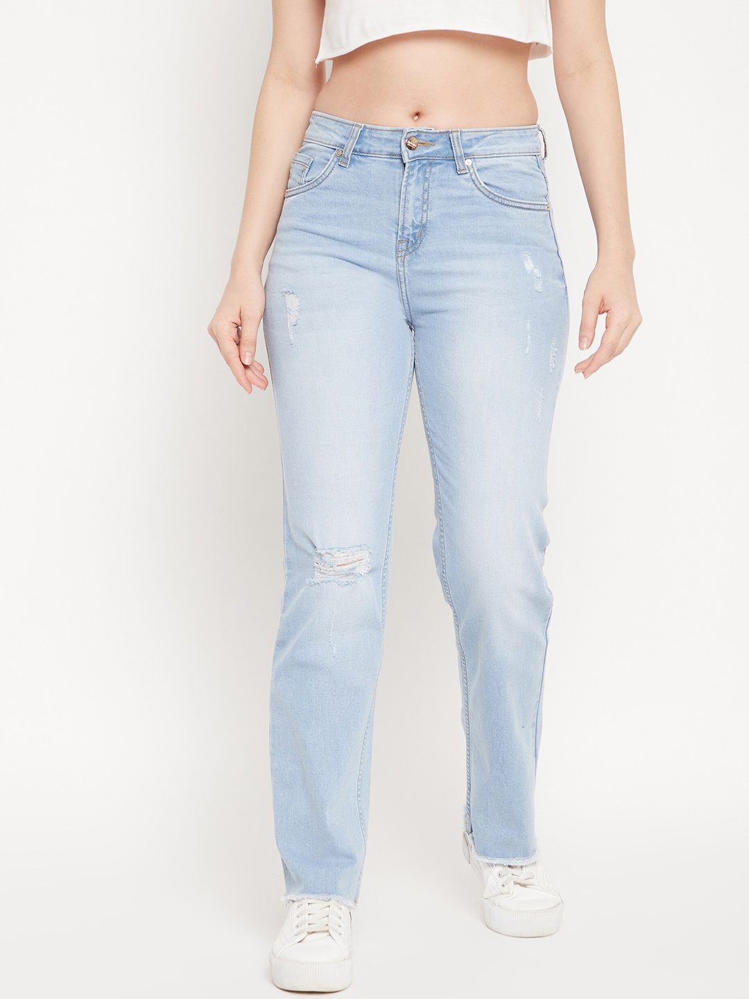 

Madame Women Blue Straight Fit Mildly Distressed Light Fade Cotton Jeans