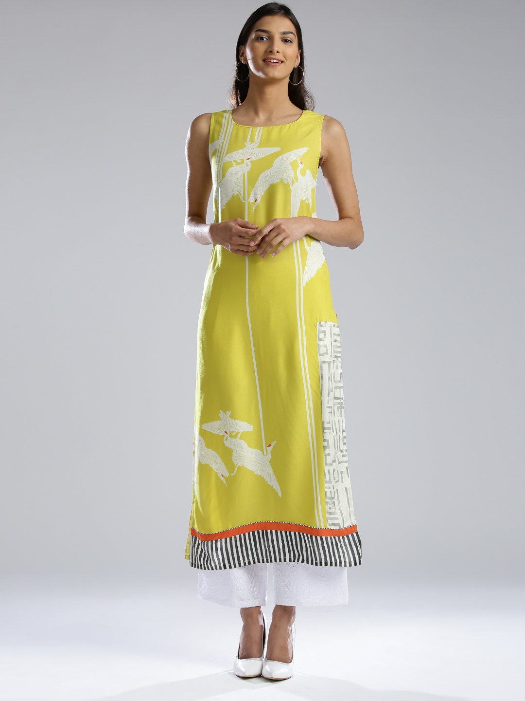 

W Women Lime Green & White Quirky Printed Straight Kurta