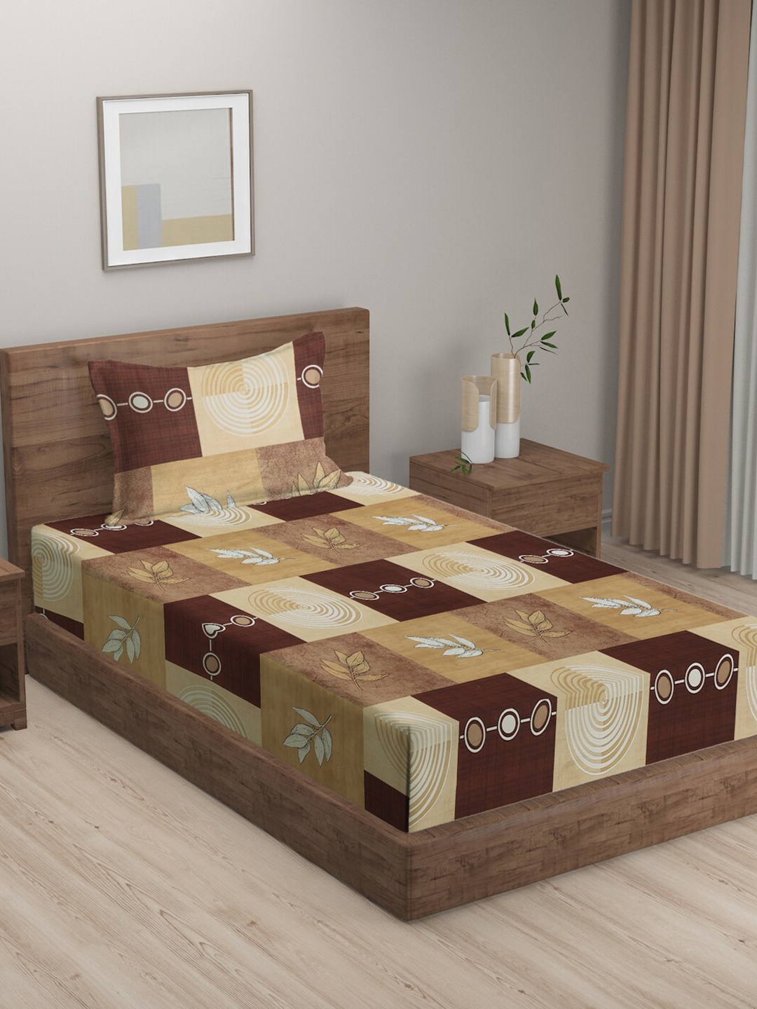 

KLOTTHE Multi-coloured Floral 300 TC Single Bedsheet with Pillow Cover, Brown