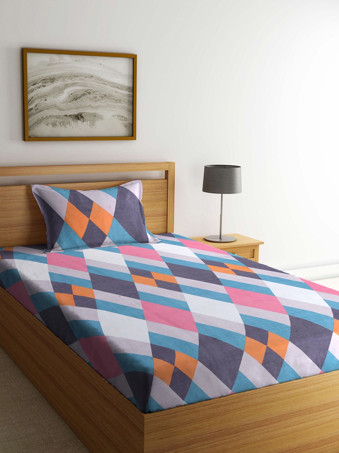

KLOTTHE Multi Geometric Cotton Blend 300 TC Single Bedsheet with Pillow Cover, Blue