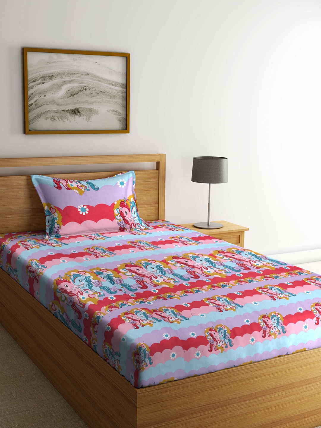 

KLOTTHE Kids Multi Cartoon Characters 300 TC Single Bedsheet with Pillow Cover