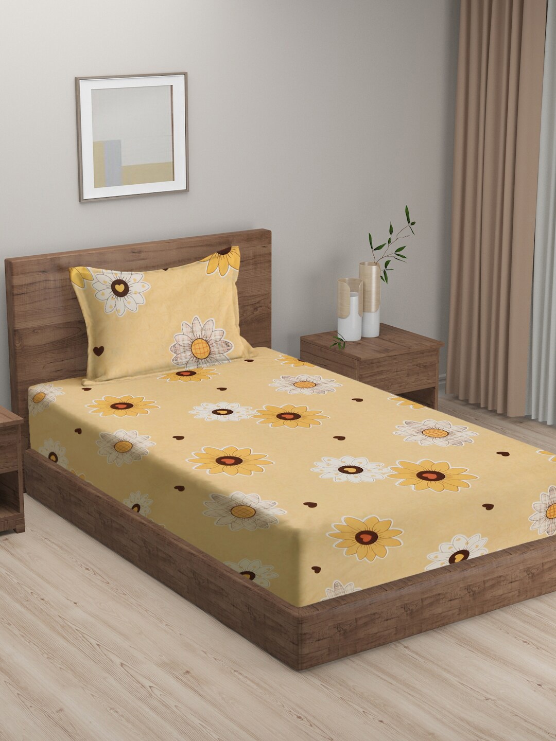 

KLOTTHE Yellow Floral Cotton Blend 300 TC Single Bedsheet with Pillow Cover
