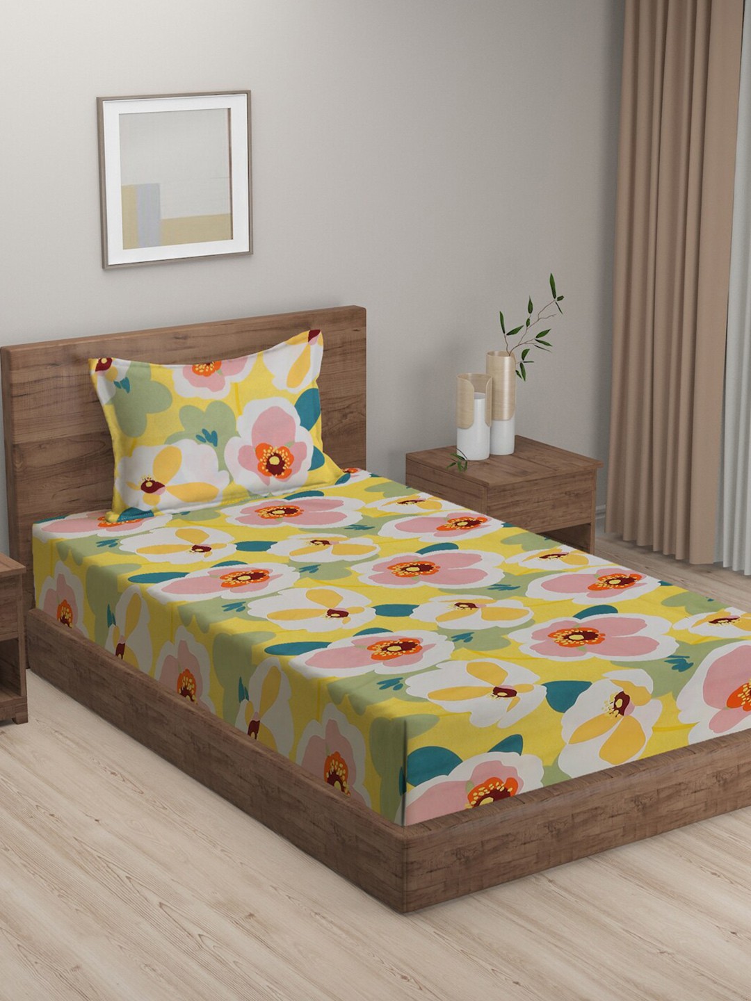 

KLOTTHE Yellow & Pink Floral 300 TC Single Bedsheet with Pillow Cover