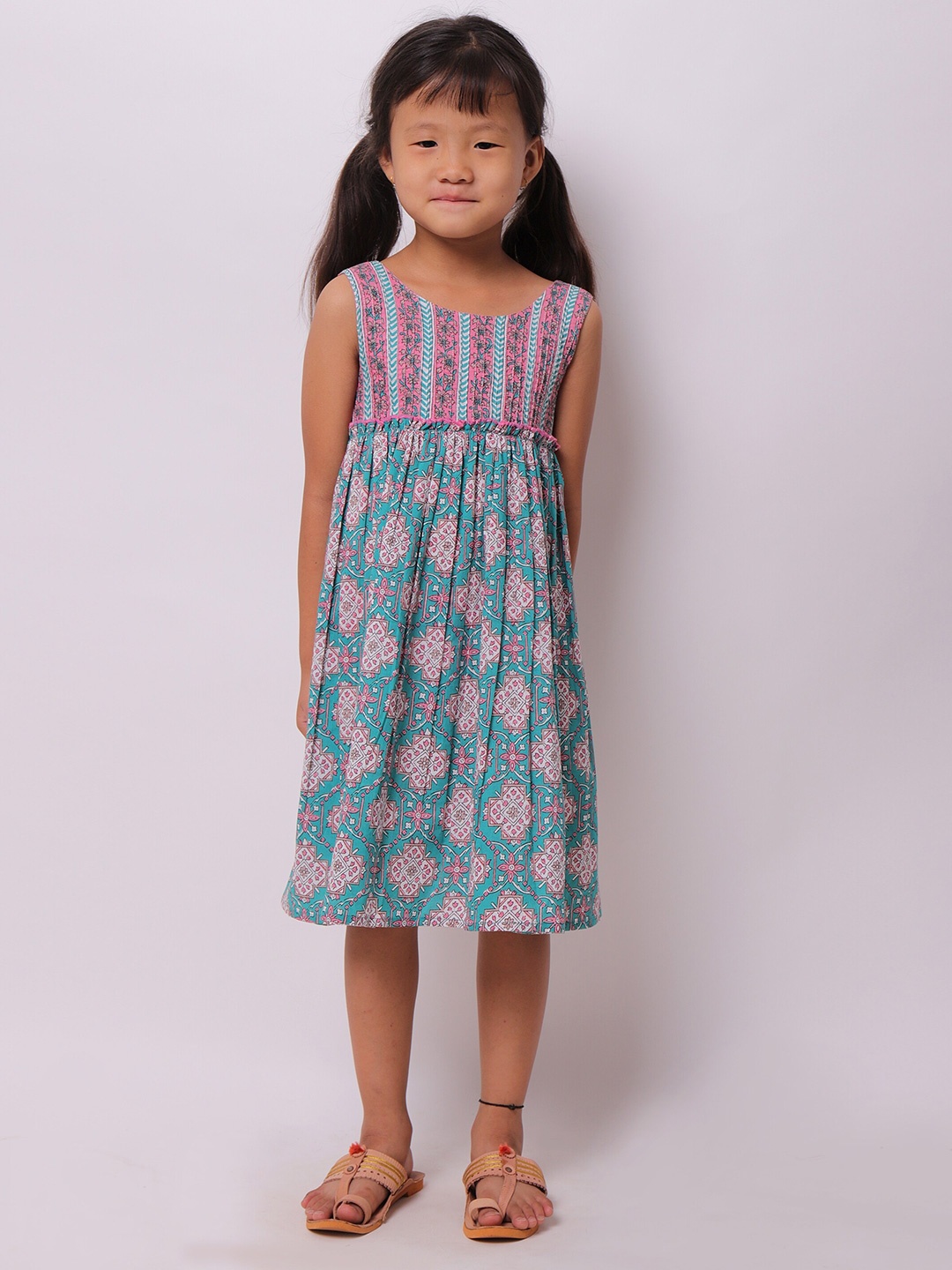 

My Little Lambs Girls Turquoise Blue Floral Cotton Fit & Flare Dress