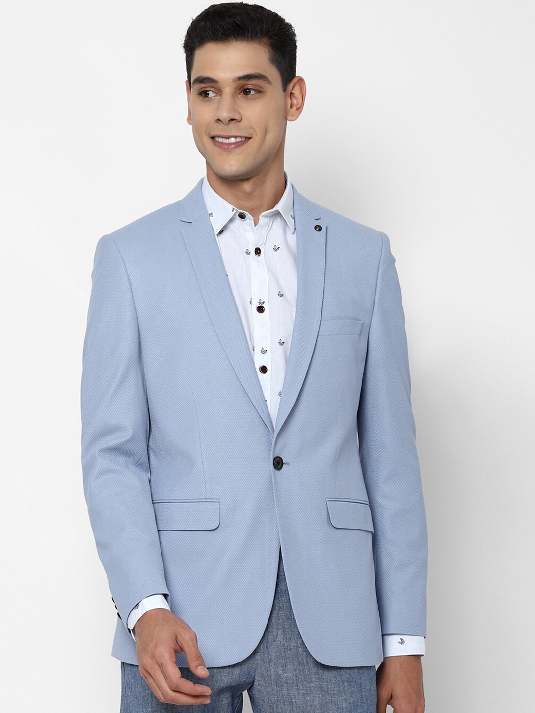 

Allen Solly Men Blue Solid Slim Fit Pure Cotton Single Breasted Blazer