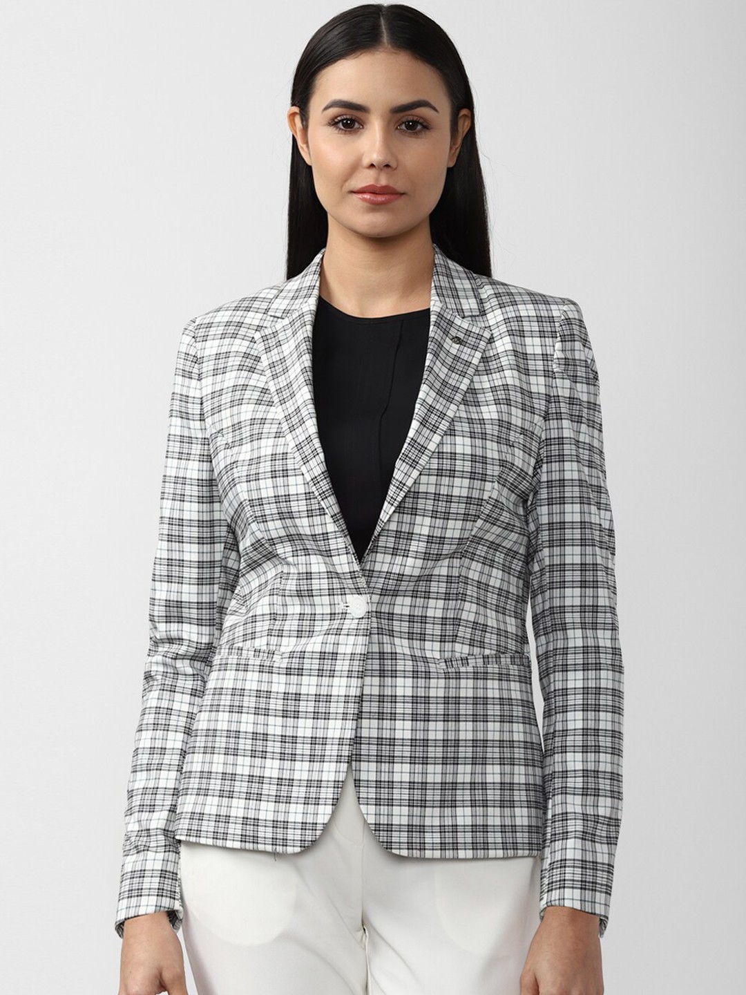 

Van Heusen Woman Grey & White Checked Single Breasted Formal Blazer