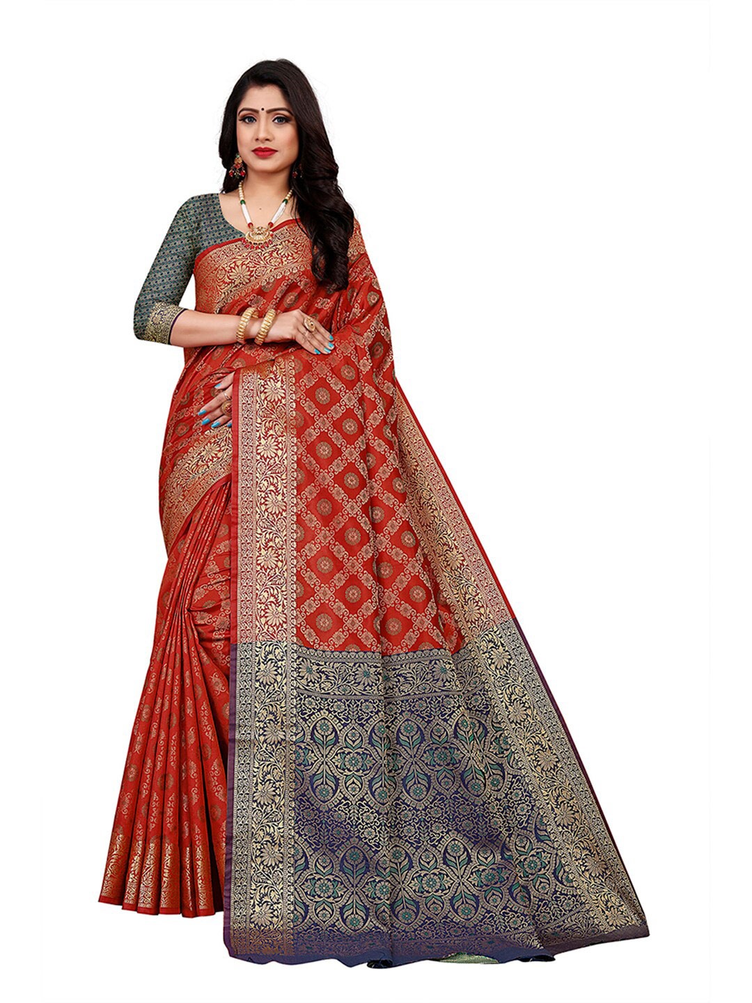 

Pisara Blue & Red Woven Design Silk Cotton Chanderi Saree