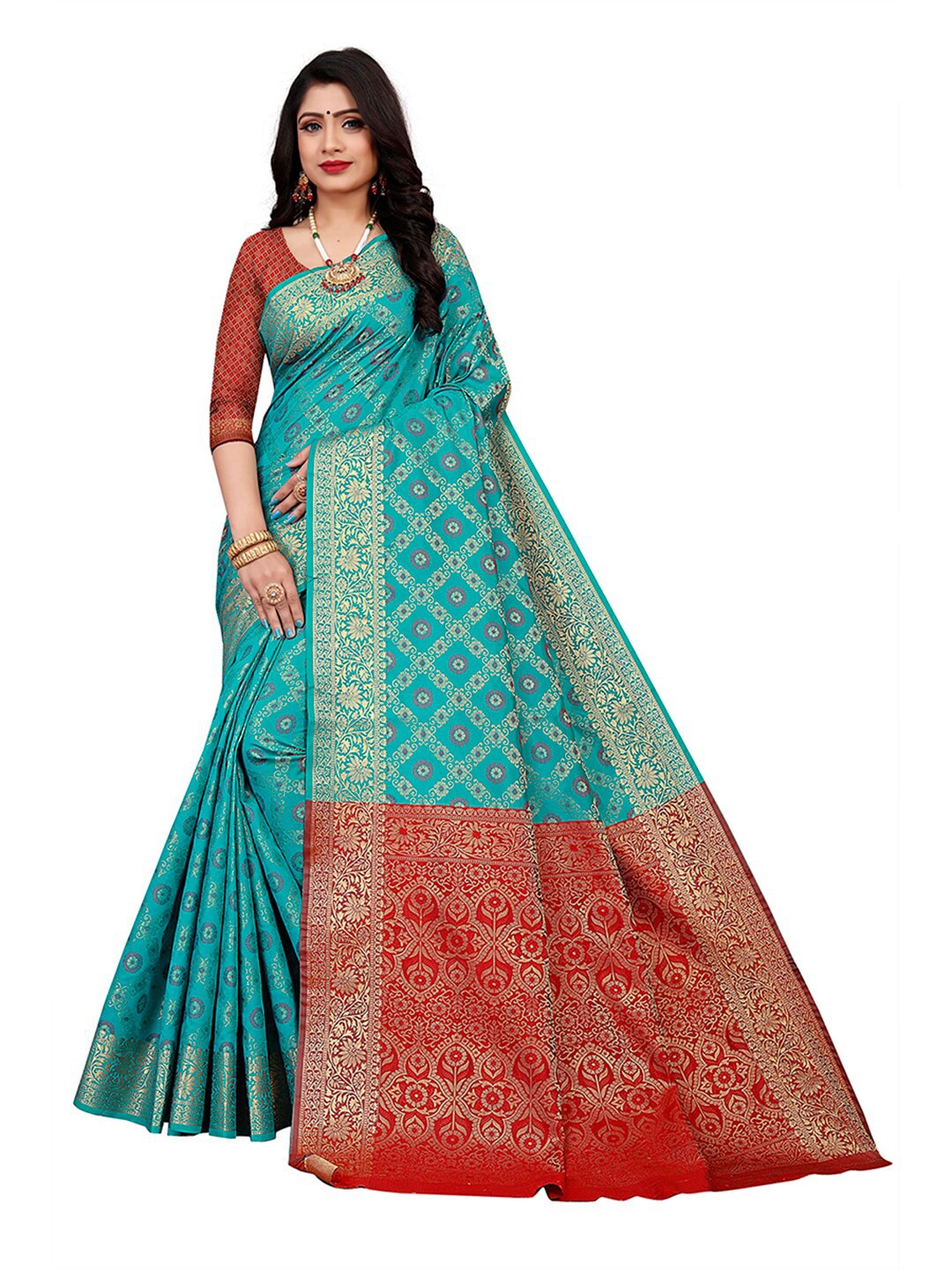 

Pisara Turquoise Blue & Red Woven Design Zari Silk Cotton Chanderi Saree