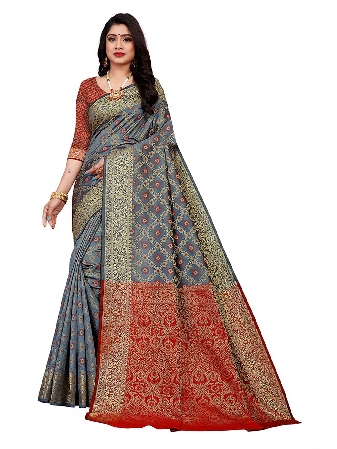 

Pisara Grey & Maroon Woven Design Zari Silk Cotton Chanderi Saree