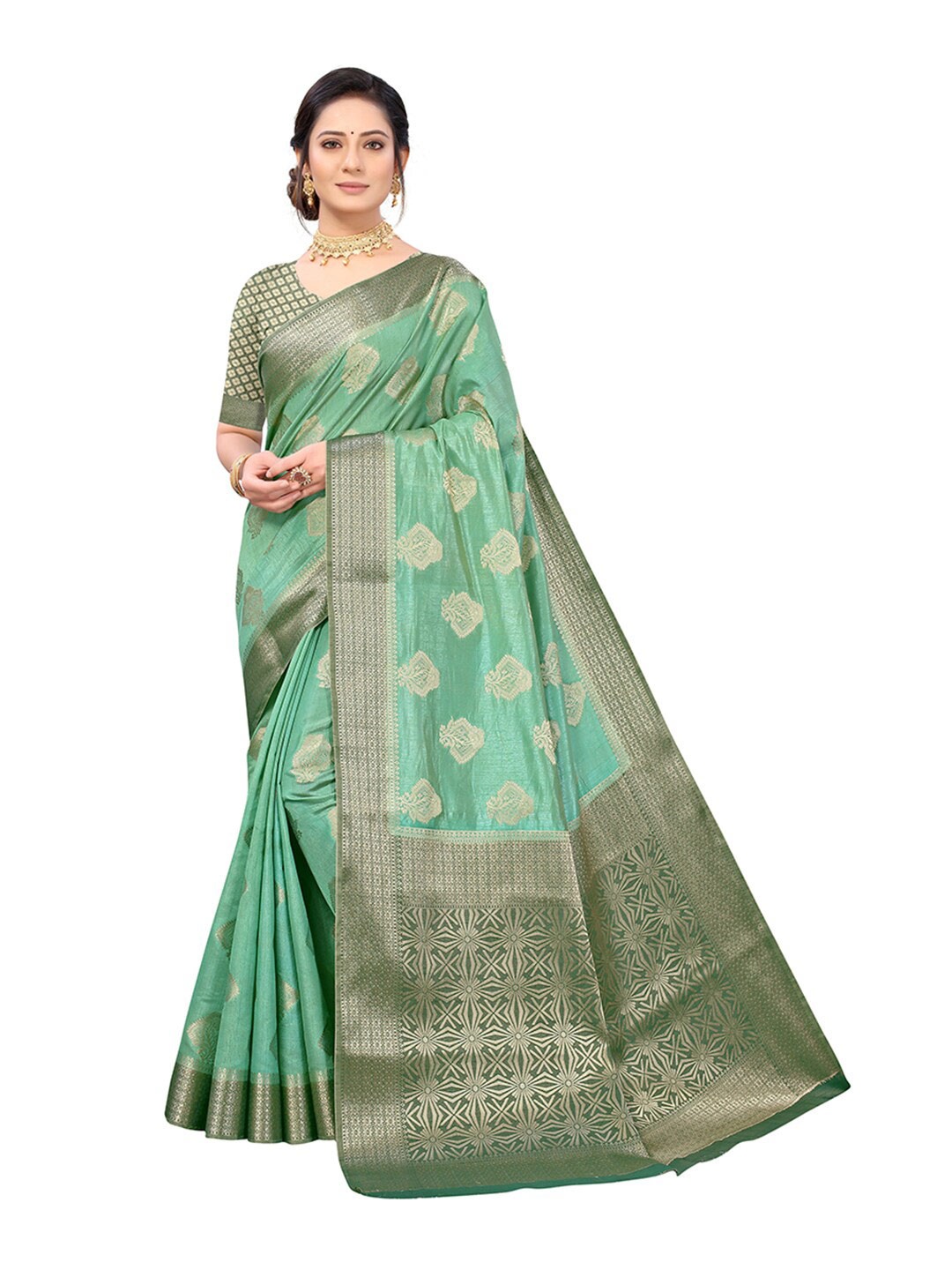 

Pisara Sea Green & Gold-Toned Woven Design Zari Silk Cotton Saree