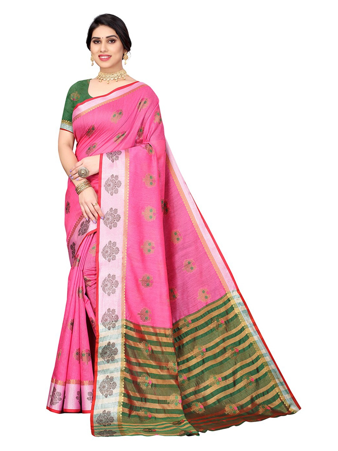 

Pisara Pink & Green Woven Design Zari Silk Cotton Chanderi Saree