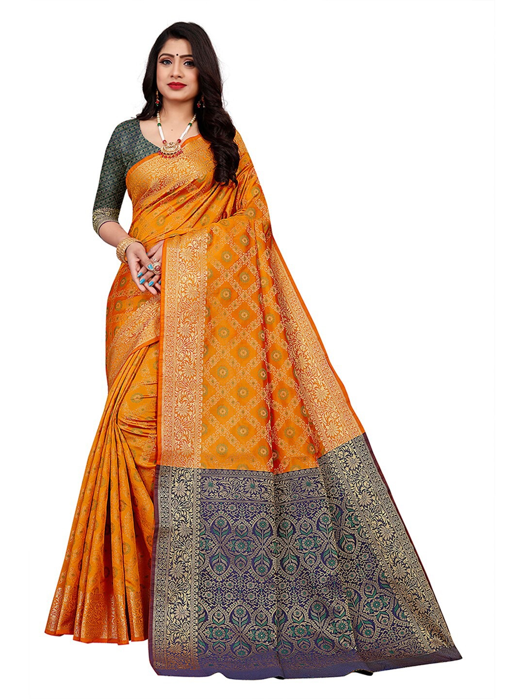 

Pisara Mustard & Blue Woven Design Silk Cotton Chanderi Saree