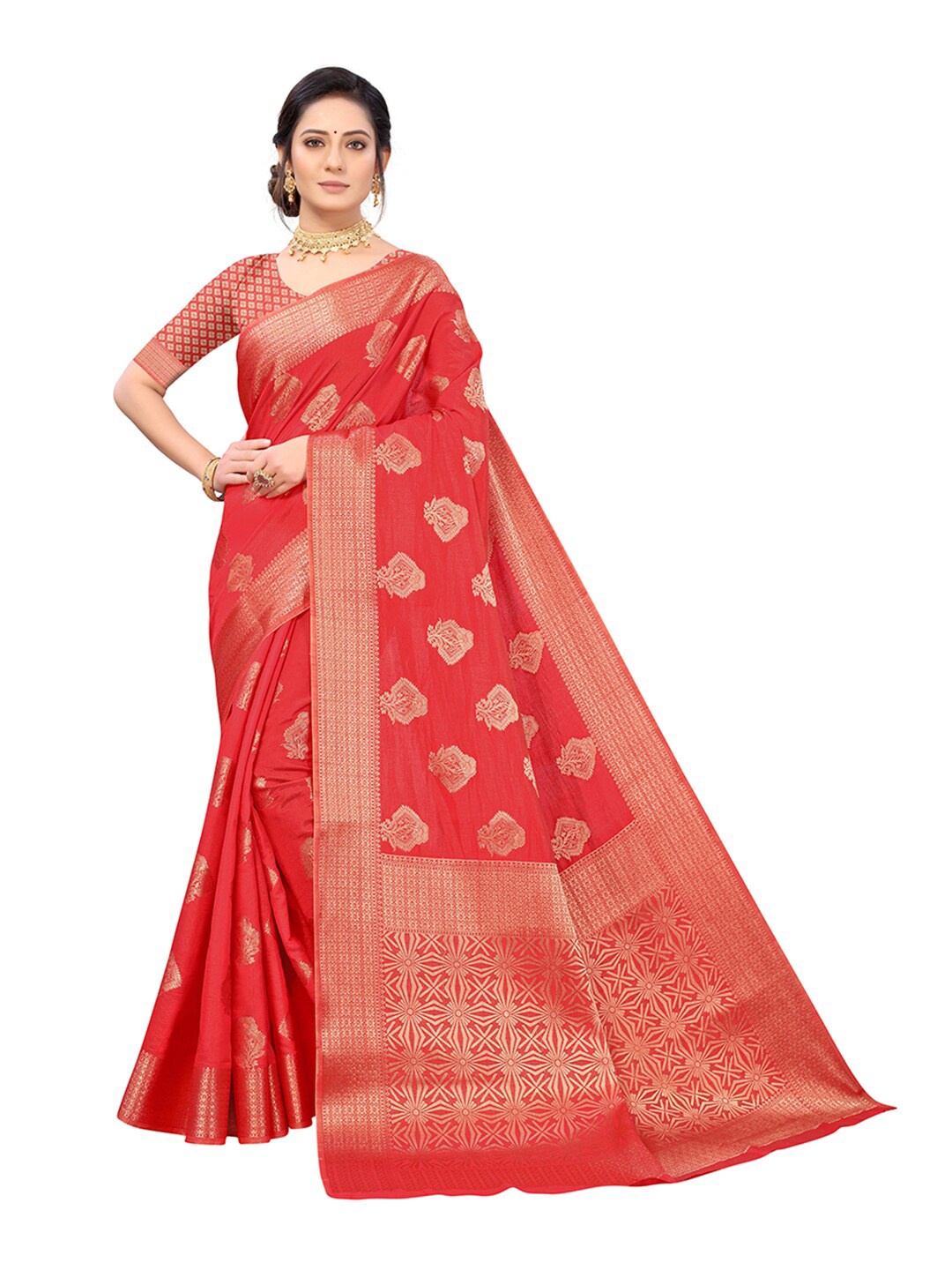 

Pisara Red & Gold-Toned Woven Design Silk Cotton Chanderi Saree