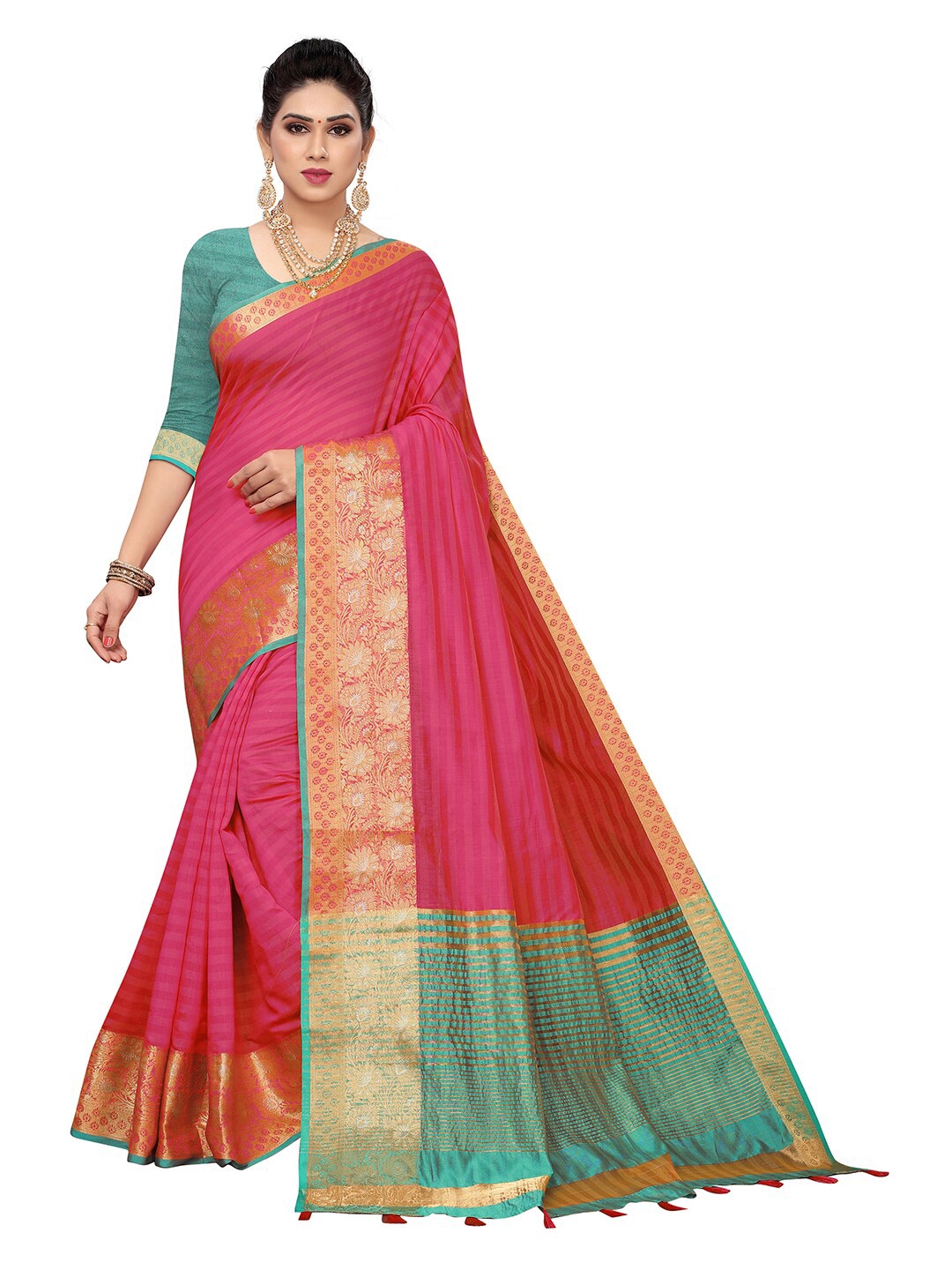 

Pisara Pink & Green Woven Design Silk Cotton Chanderi Saree