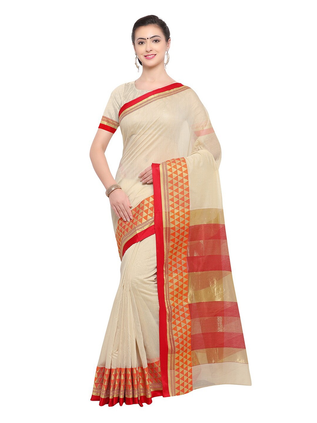 

Pisara Off White & Red Woven Design Zari Silk Cotton Chanderi Saree