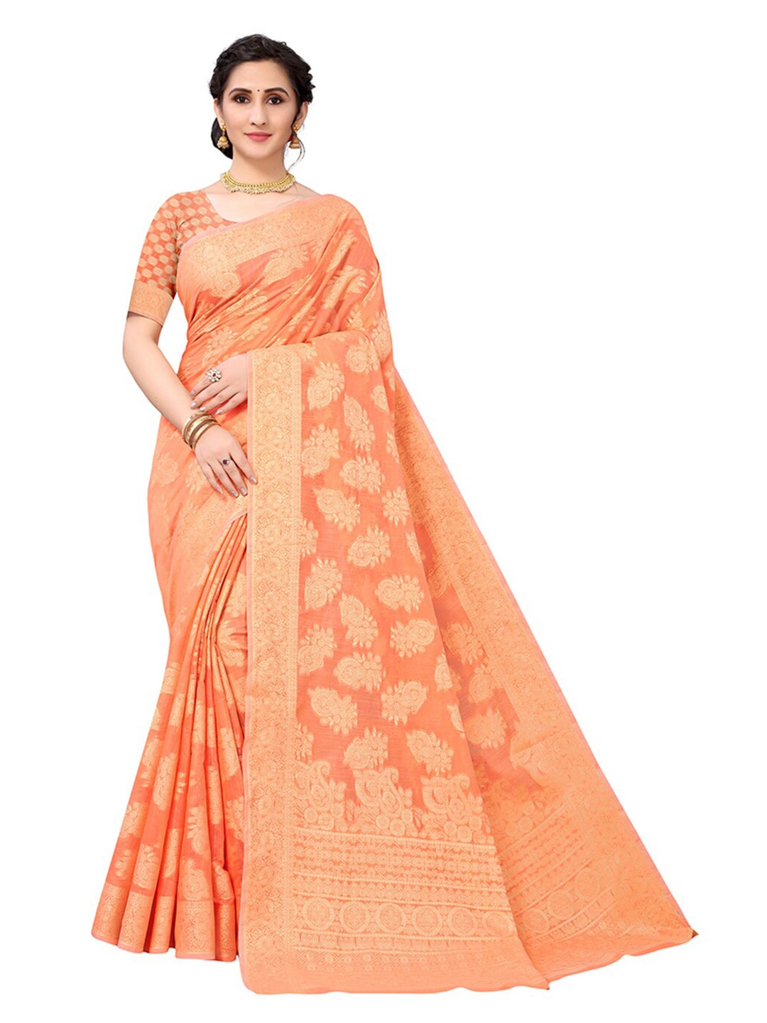 

Pisara Peach-Coloured & Gold-Toned Woven Design Silk Cotton Saree