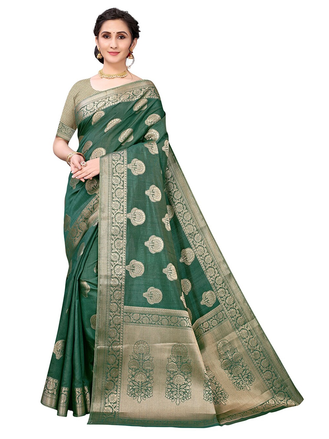 

Pisara Green & Gold-Toned Woven Design Zari Silk Cotton Chanderi Saree