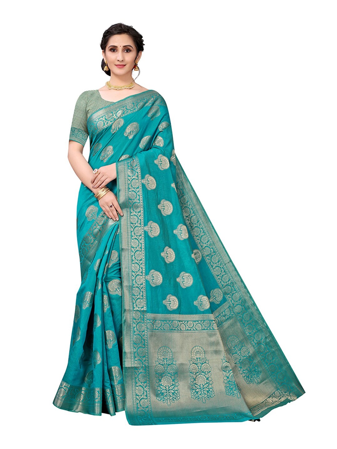

Pisara Turquoise Blue & Gold-Toned Woven Design Zari Silk Cotton Chanderi Saree