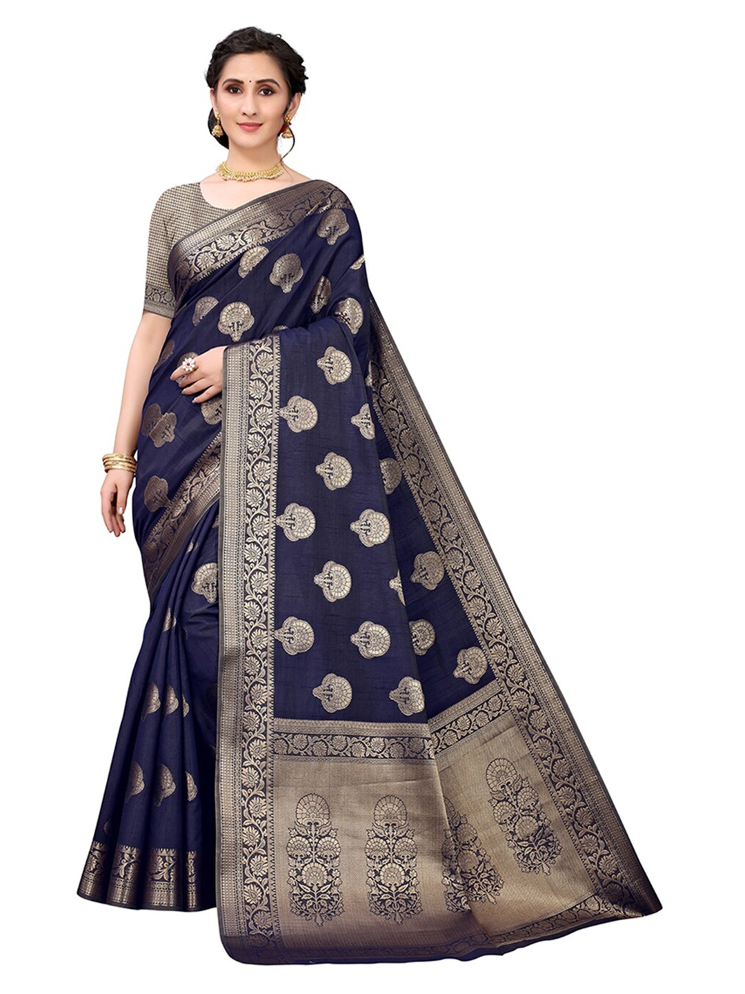 

Pisara Navy Blue & Gold-Toned Woven Design Zari Silk Cotton Chanderi Saree