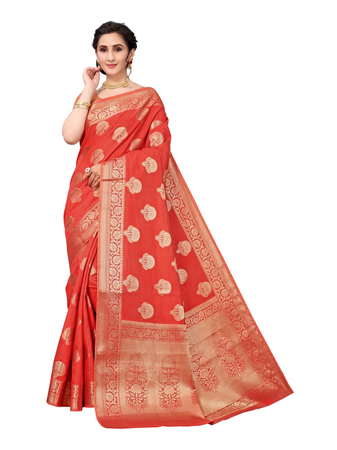 

Pisara Red & Gold-Toned Woven Design Zari Silk Cotton Chanderi Saree
