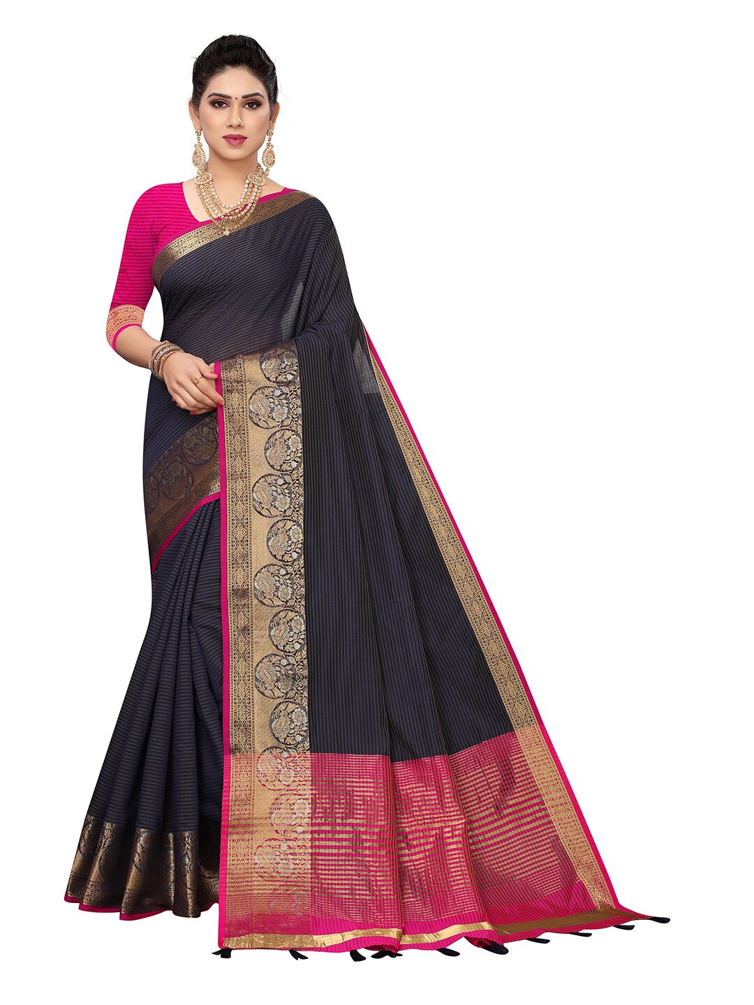 

Pisara Navy Blue & Pink Woven Design Zari Silk Cotton Chanderi Saree